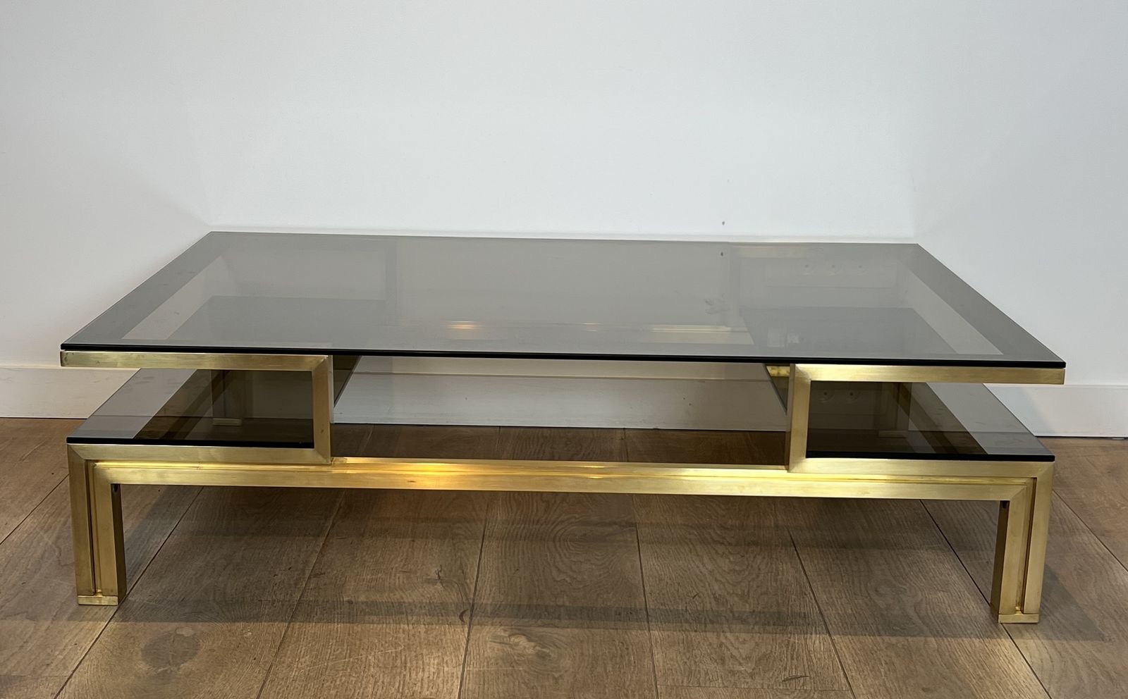 Modernist Coffee Table In Brass And Smoked Glass Tops By Guy Lefèvre For Maison Jansen photo furniture