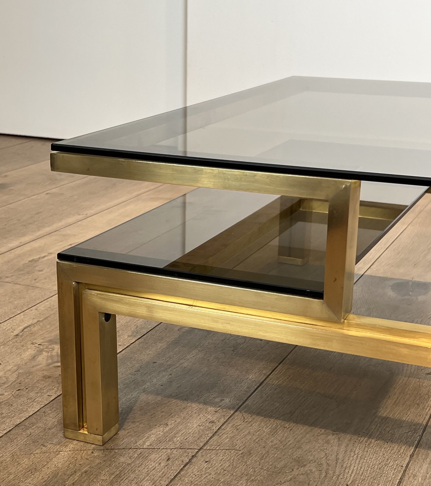 photo for sale Modernist Coffee Table In Brass And Smoked Glass Tops By Guy Lefèvre For Maison Jansen