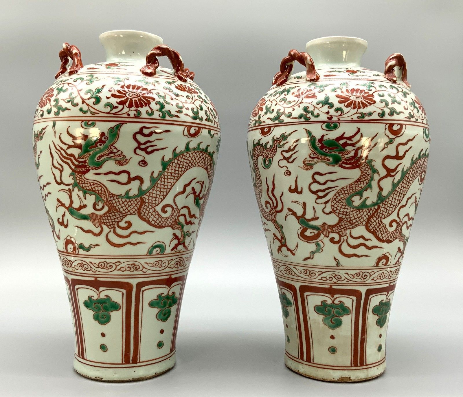 Pair Chinese Dragon Vases Large Porcelain Meiping Ming Iron Red & Enamelled