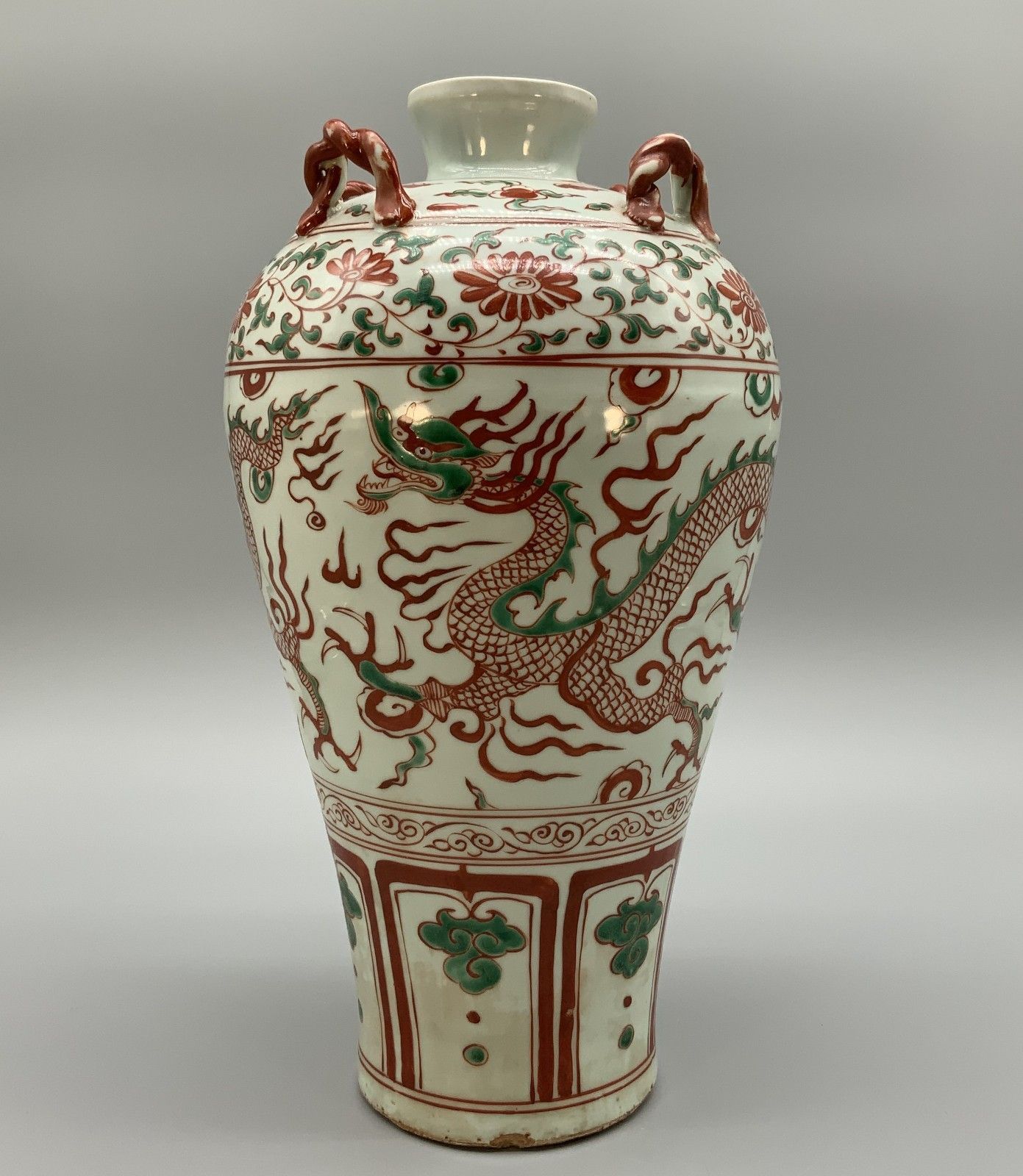 Pair Chinese Dragon Vases Large Porcelain Meiping Ming Iron Red & Enamelled photo 750.0