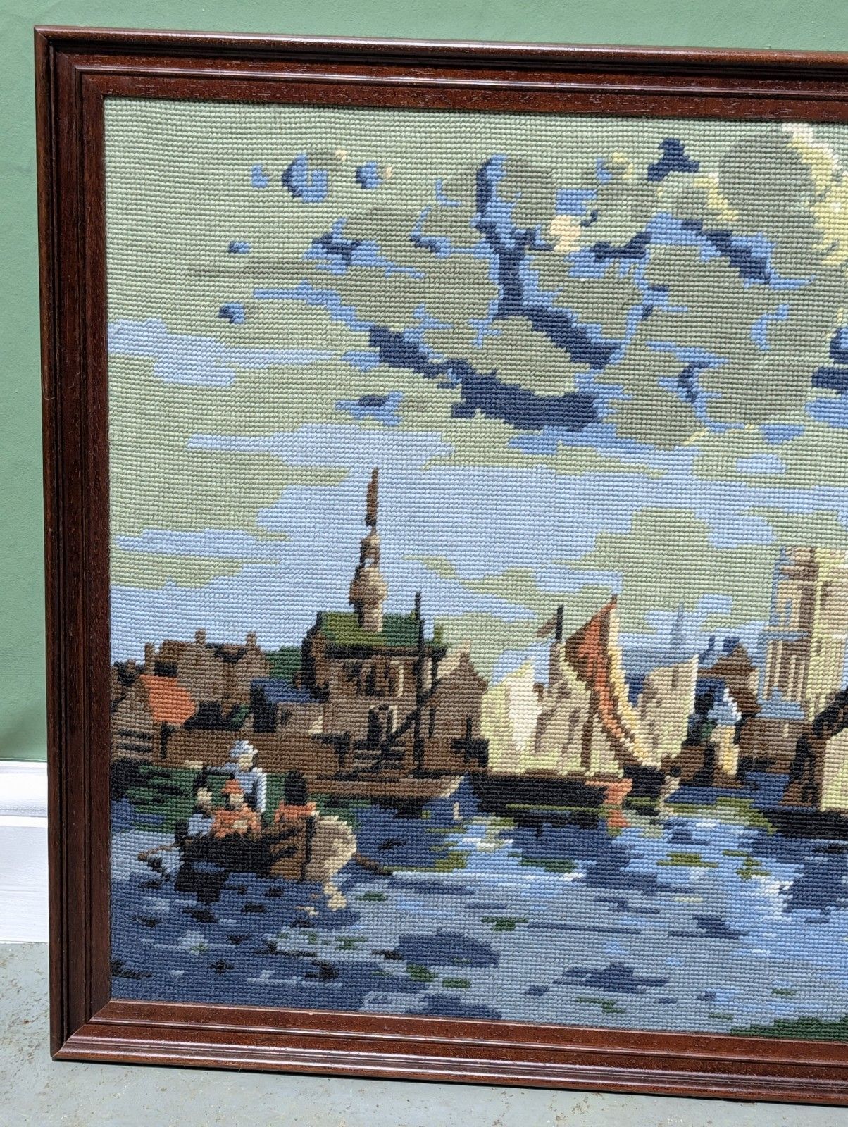 Large French Cross Stitch Tapestry Framed Aelbert Cuyp Boats In The Harbour. photo for sale