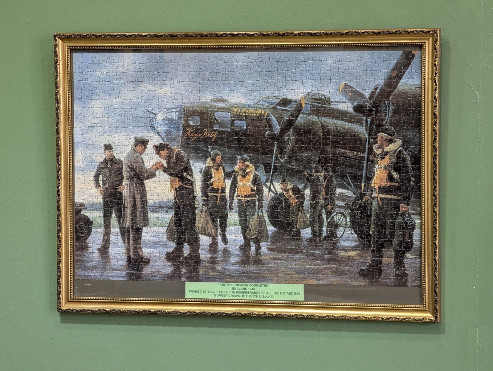 Vintage B24 Raf Artwork Framed Picture Jigsaw Gold Guilt War Aeroplane Bomber photo furniture