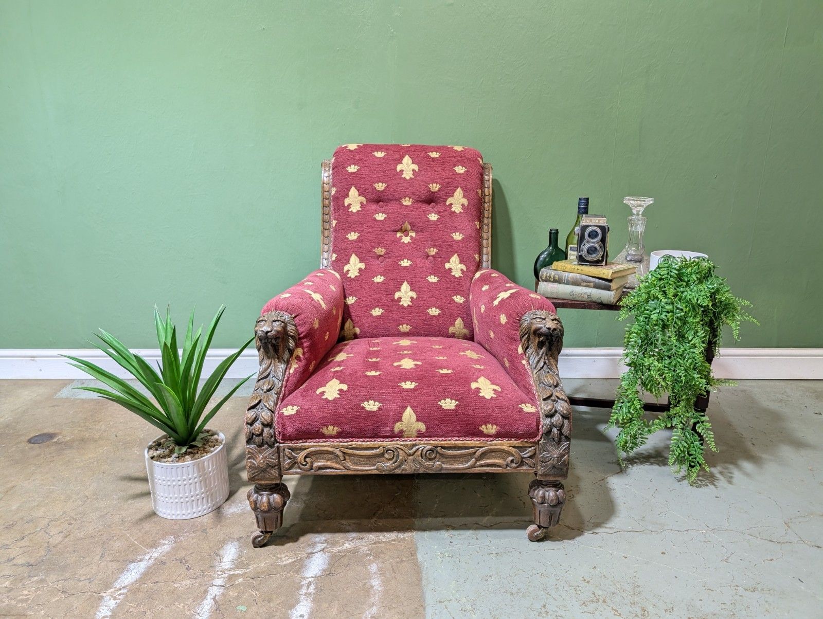 Antique Victorian Oak Carved Armchair With Lions Head Fleur De Lis Fabric
