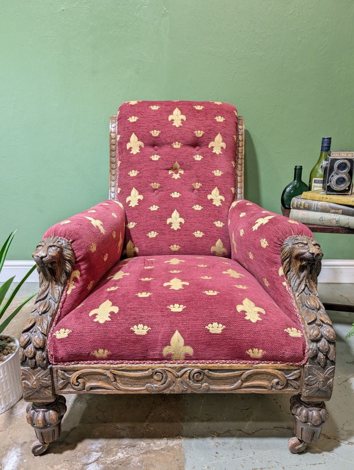 Antique Victorian Oak Carved Armchair With Lions Head Fleur De Lis Fabric photo furniture