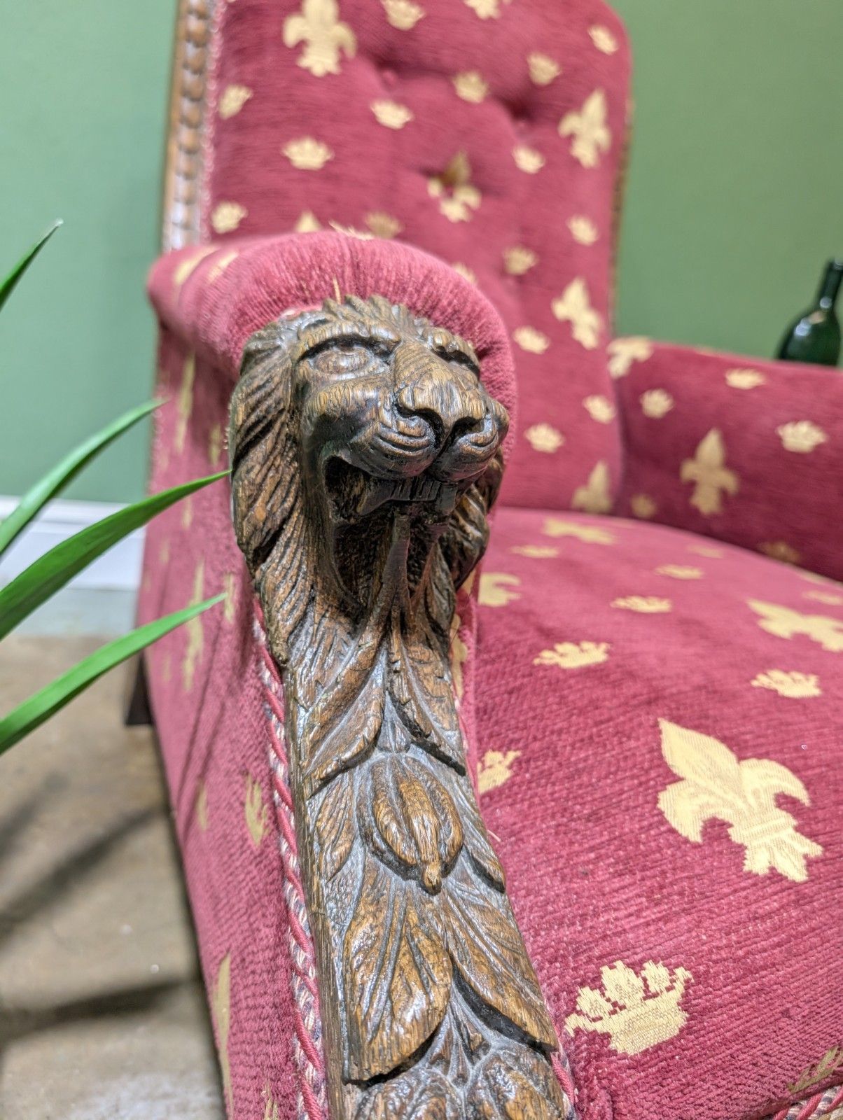 Antique Victorian Oak Carved Armchair With Lions Head Fleur De Lis Fabric photo buy