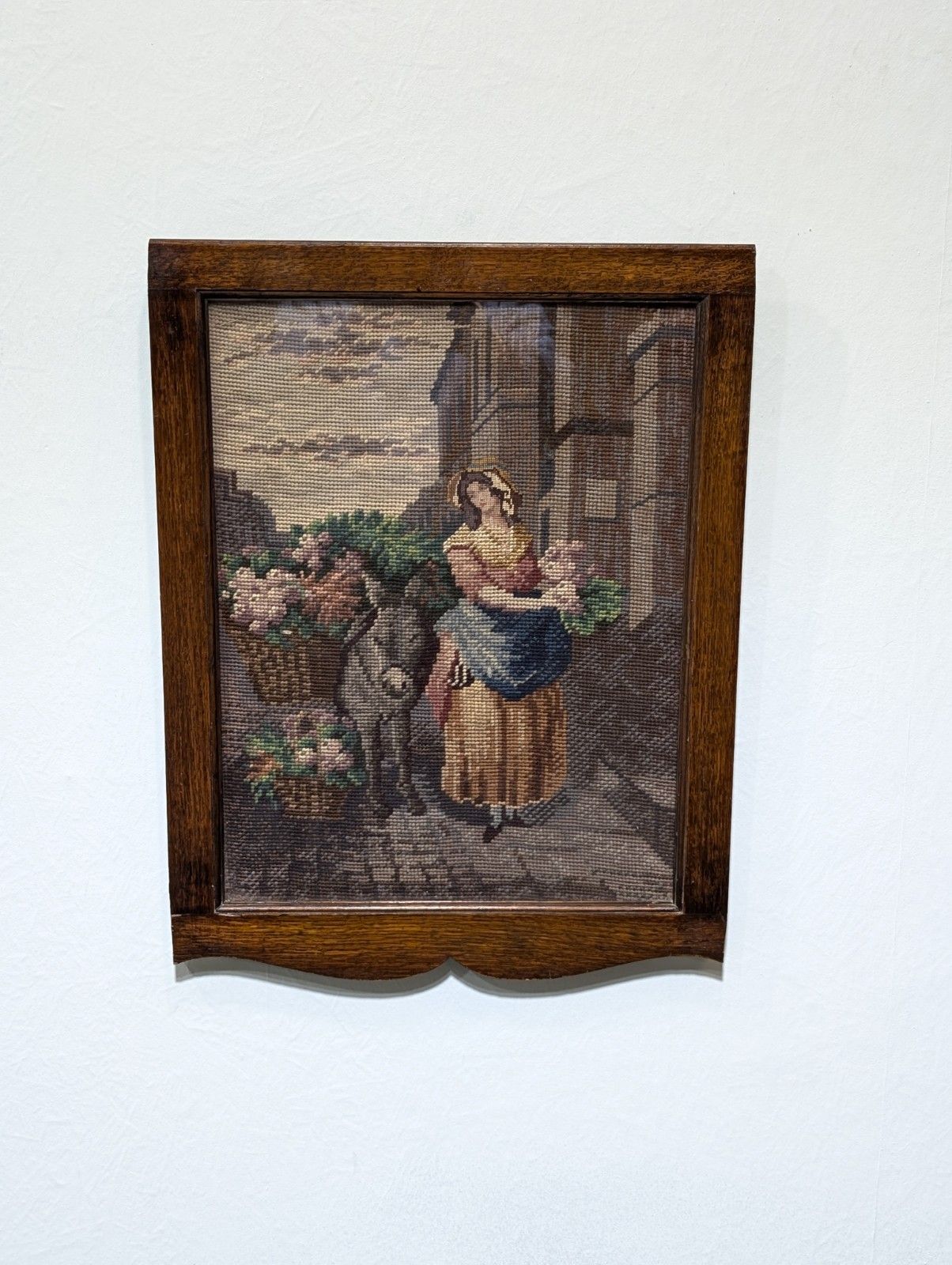 Vintage Framed Glazed French Tapestry French Turnip Seller Lady And Donkey