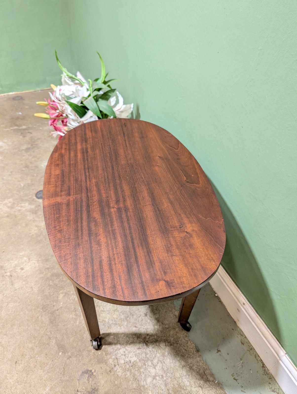 Antique Mahogany Oval Top Side Table On Brass Castors Wine End Plant Stand. photo furniture