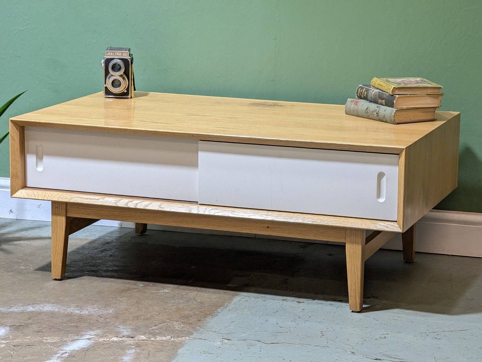Contemporary Modern Oak Coffee Table Mid Century Danish Style Storage White Door photo for sale
