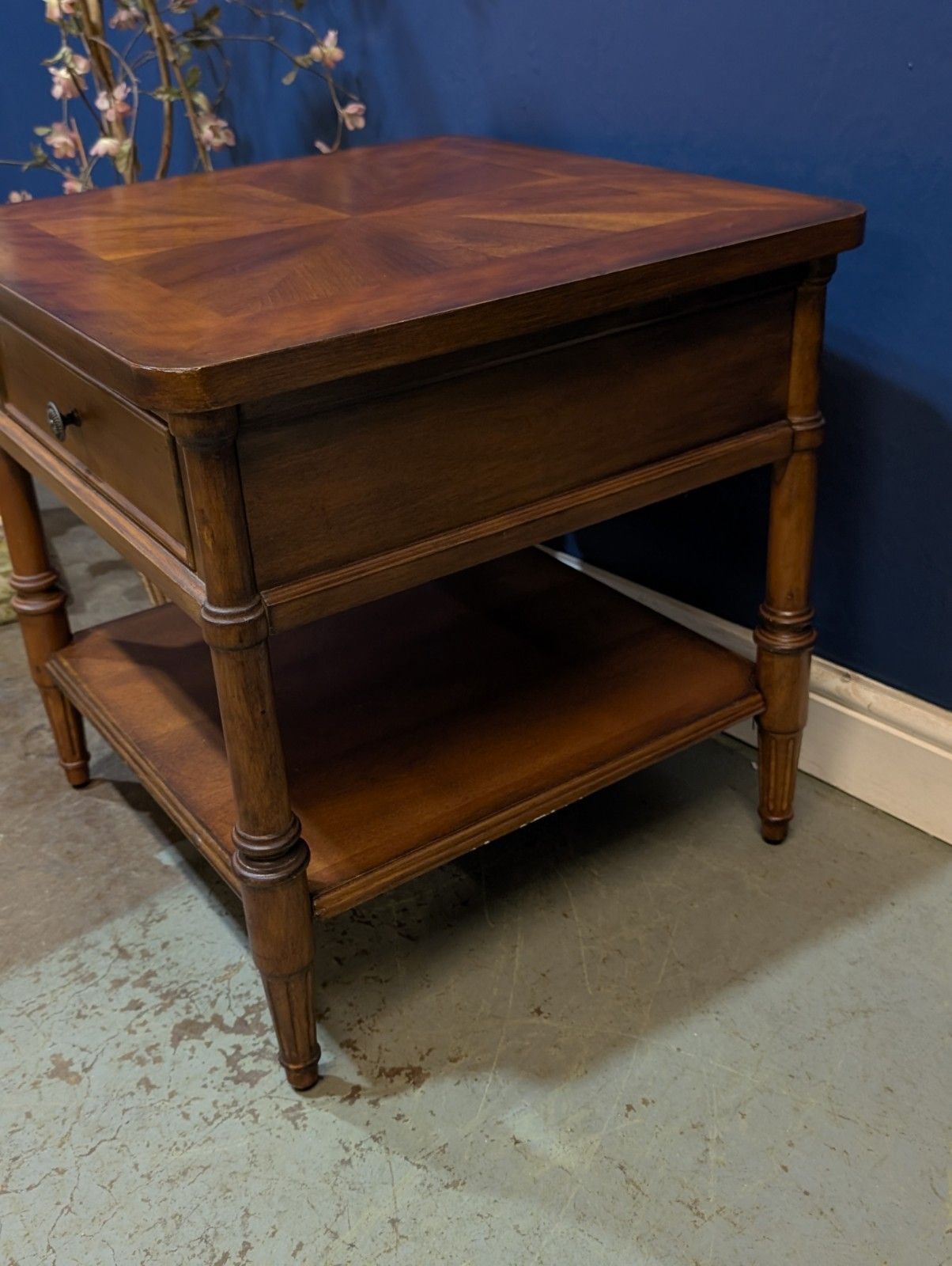 Vintage Contemporary Mahogany Single Drawer Two Tier Occasional Table Inlaid photo vinterior