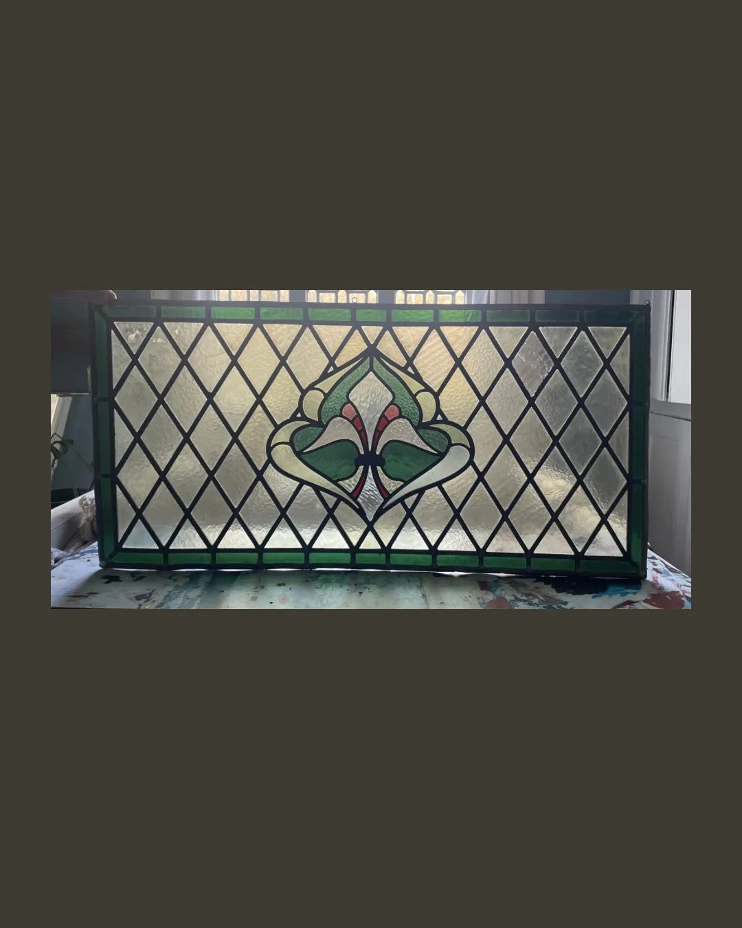 Substantial Victorian Stained Glass Window Panel Strongly Geometric With A Stylised Foliate / Fleur De Lis Central Motif. Emerald Green Glass. photo furniture