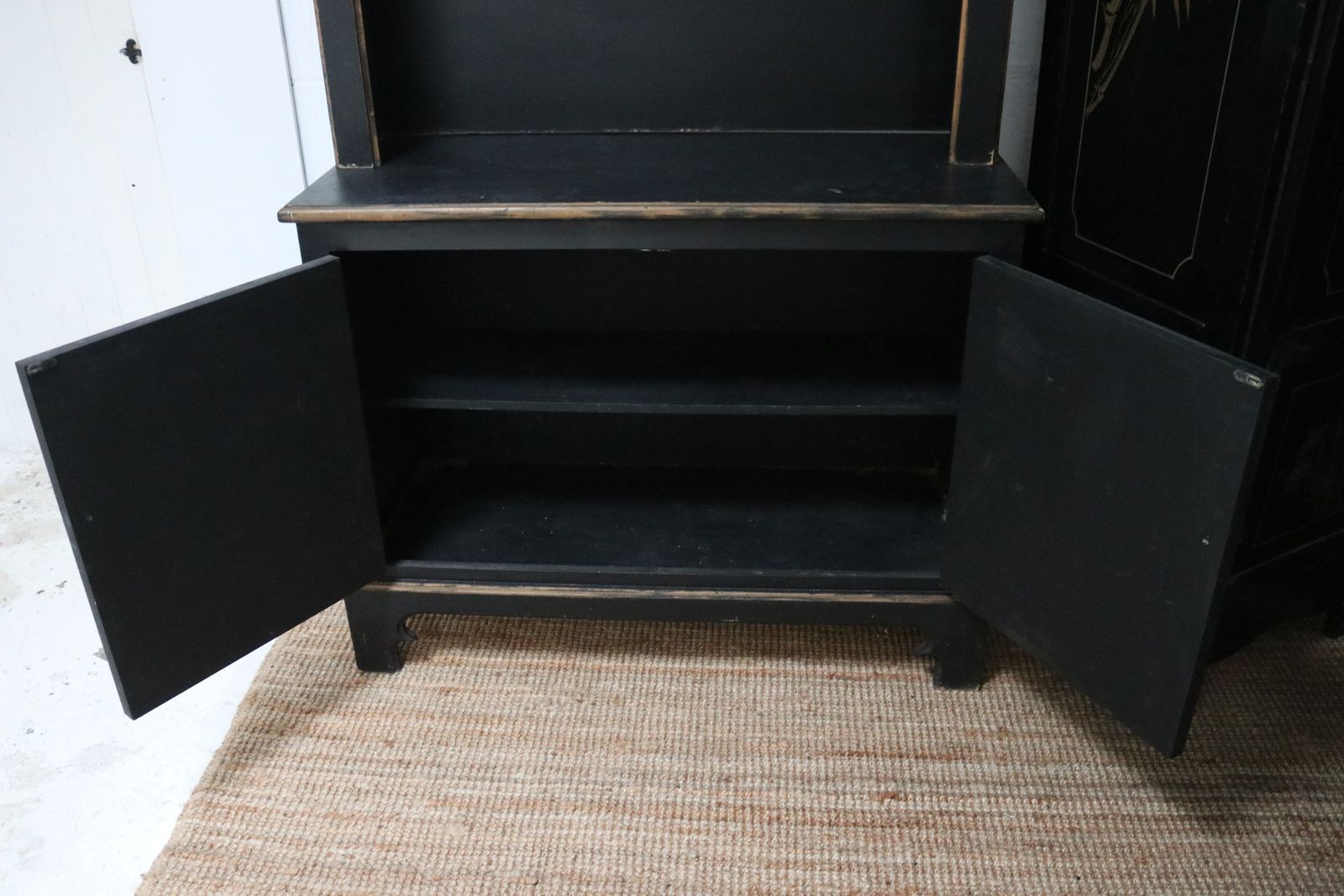 photo for sale Unique Vintage Style Black Dresser Shelves Carved Fleur Di Lis