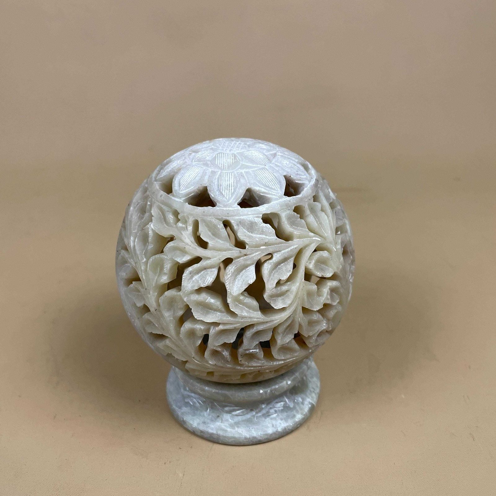 Antique Indian Candle Holder Ornate Vintage Lantern Tea Light India Candlestick Pattern Traditional Handmade Carved Cut Out Soap Stone Ball photo furniture