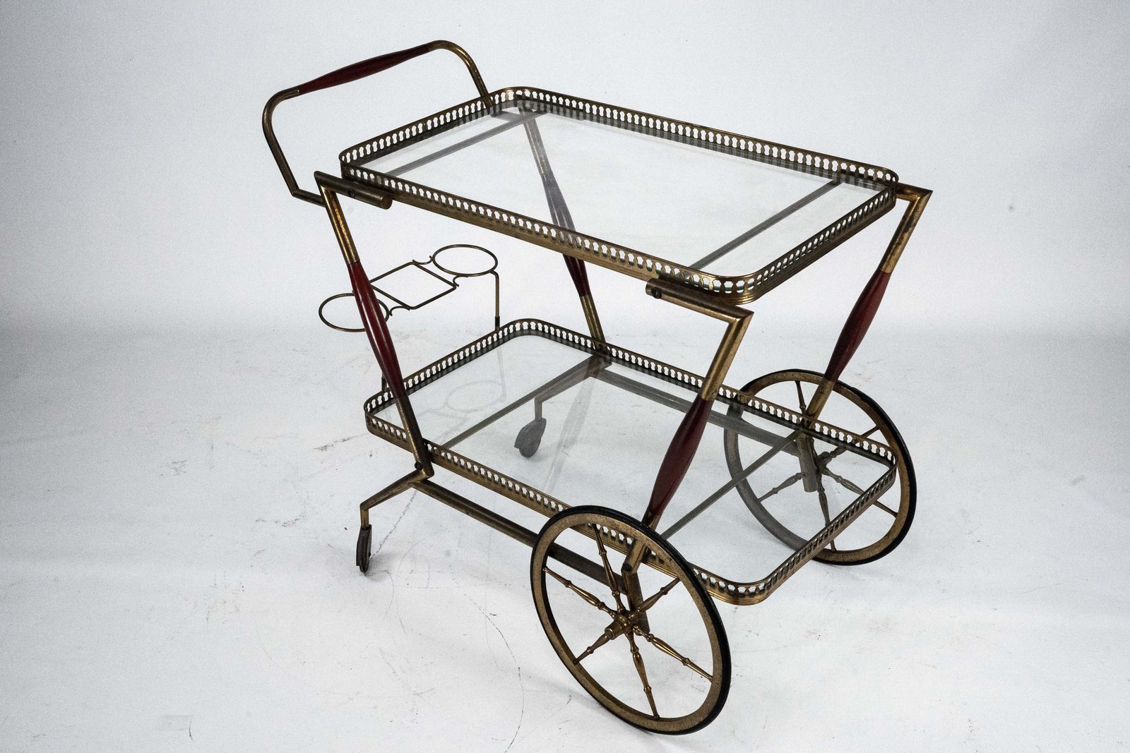 Mid Century Italian Brass And Glass Bar Cart By Cesare Lacca. Italy 1950s
