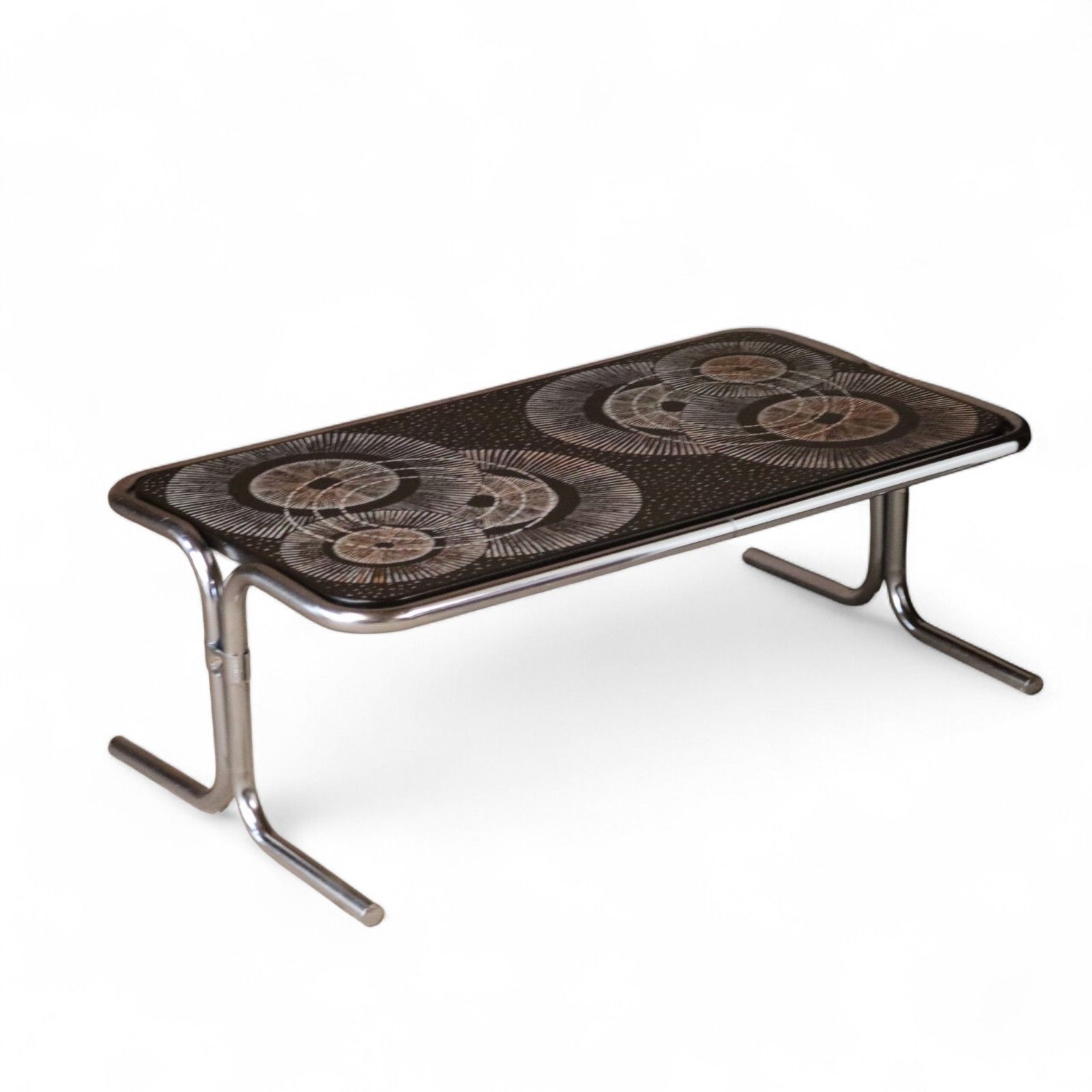 Mid Century 1970s Tubular Chrome Coffee Table Retro Space Age Sunburst Top photo furniture