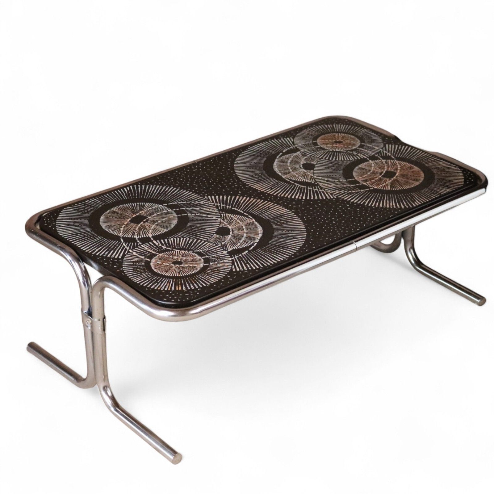 Furniture Mid Century 1970s Tubular Chrome Coffee Table Retro Space Age Sunburst Top photo