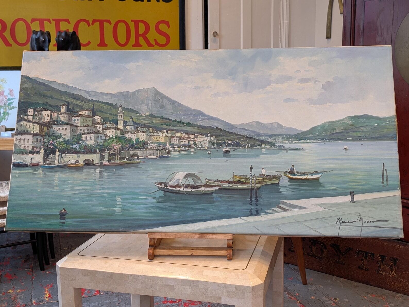 Large Scale Mid 20th Century Italian Oil On Canvas 'Lake Como' By Mariano Moreno. photo for sale