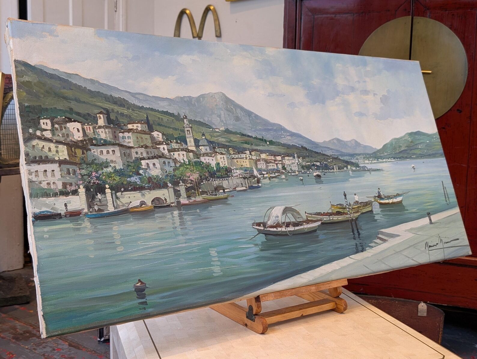 Large Scale Mid 20th Century Italian Oil On Canvas 'Lake Como' By Mariano Moreno. photo Art