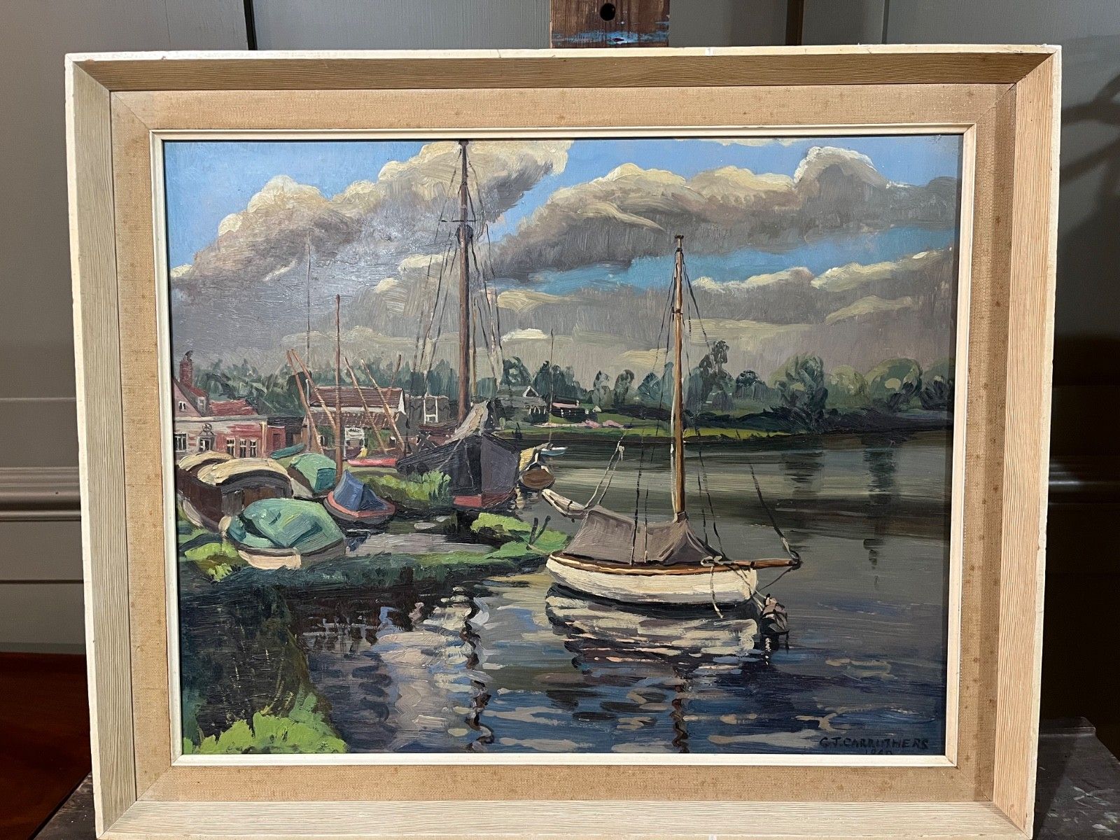Vintage Oil On Board By G.J Carruthers Boats In An Estuary 1960  Framed & Signed photo buy