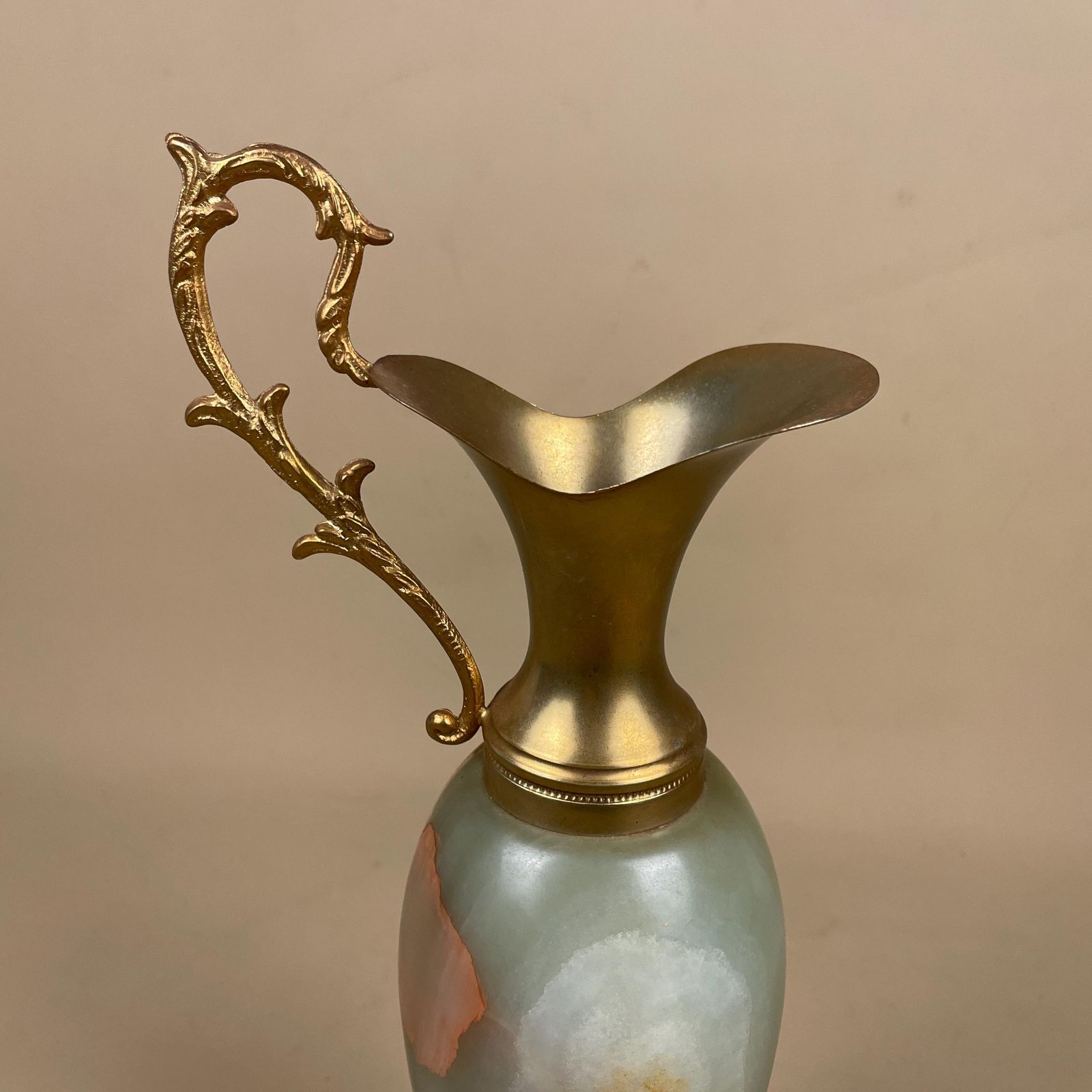 Green Marble Ornamental Vase Brass Gold Metal Decorative Display With Handle Classical Neoclassical Style Statement Decor Centre Piece photo for sale