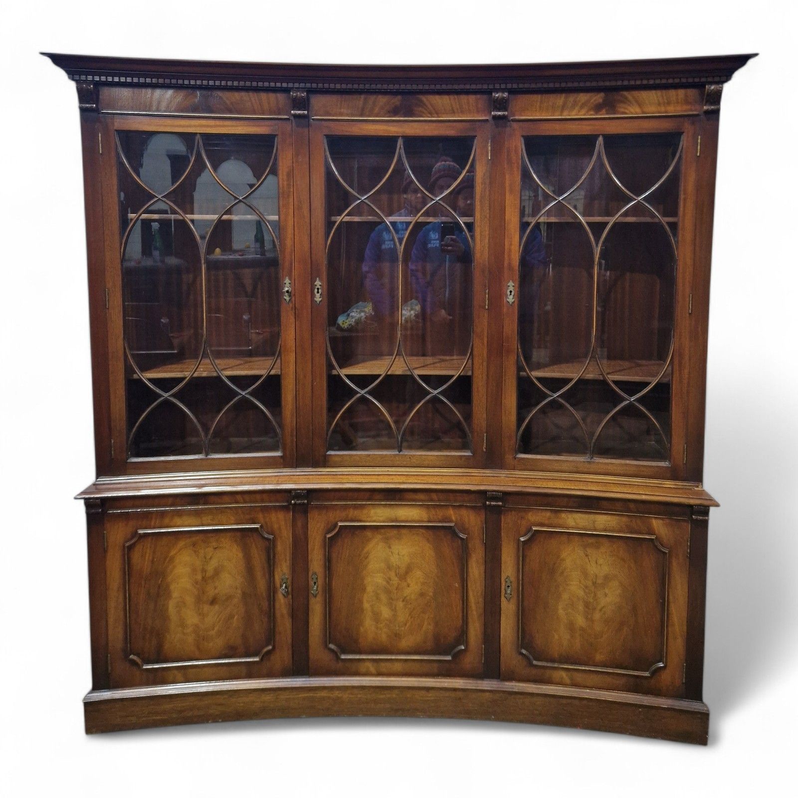Reprodux Mahogany Concave Bookcase Display Cabinet Antique Style 1 Of Pair photo for sale
