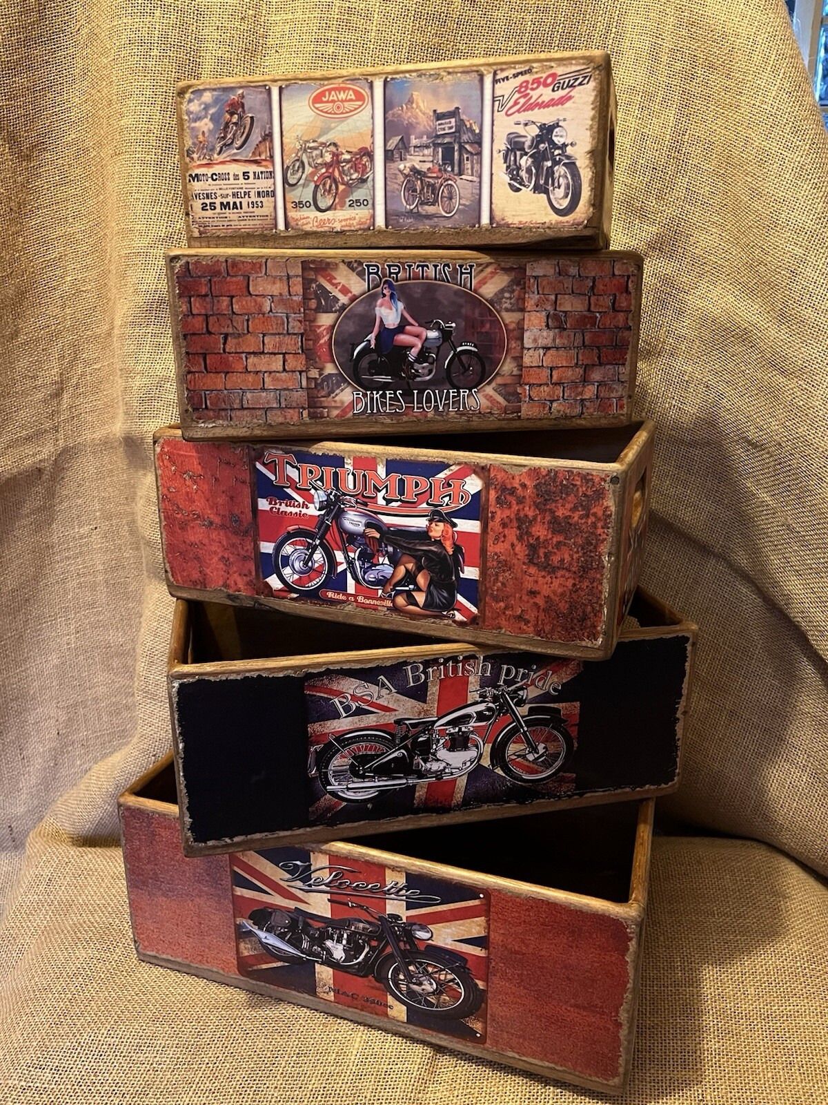 Set Of Five Motorcycle Storage Box Crate Made From Reclaimed Timber Sizes Vary