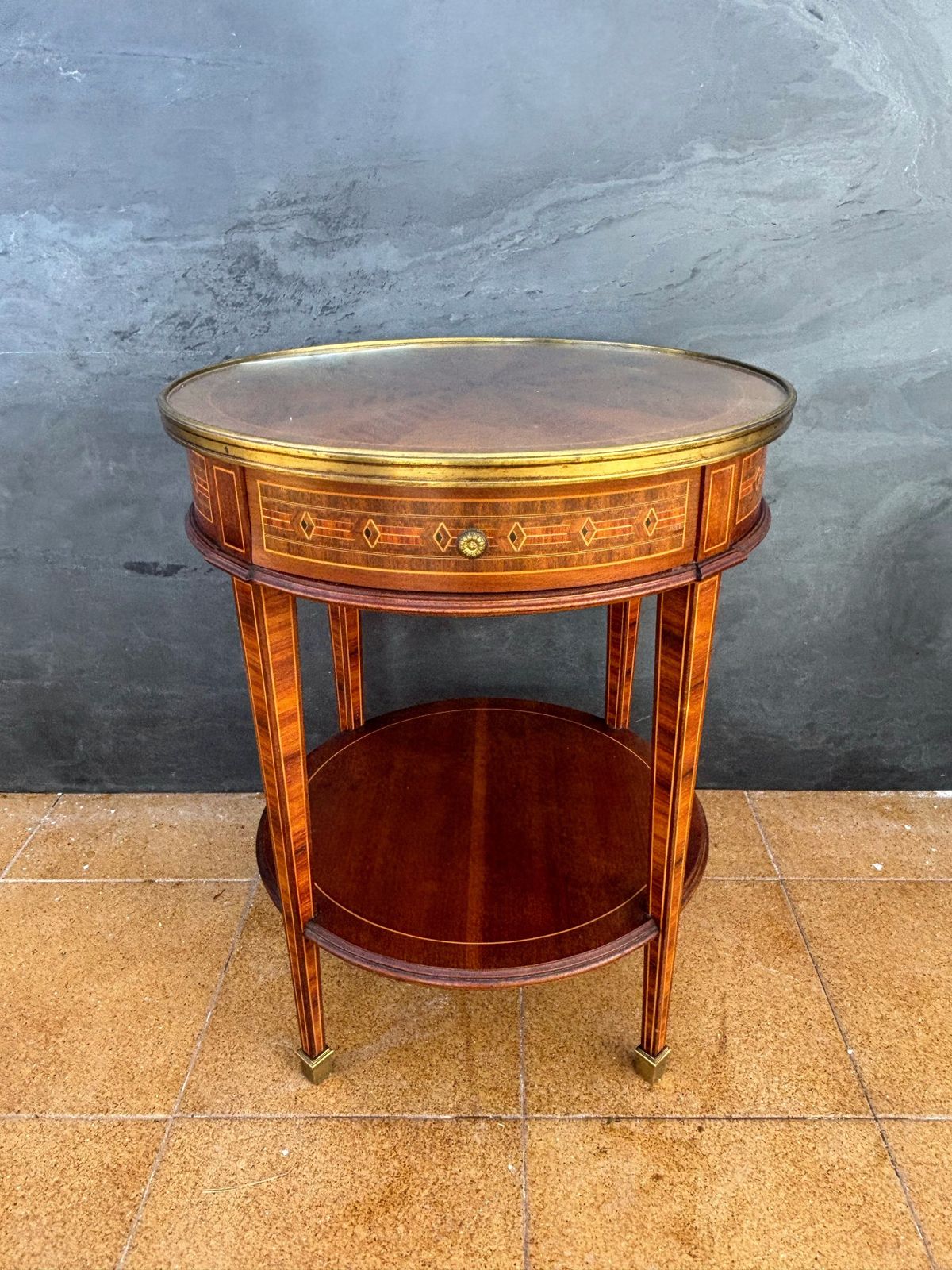 French Louis XVI Style Round Side Table With Marquetry And Drawer, 1930s photo furniture