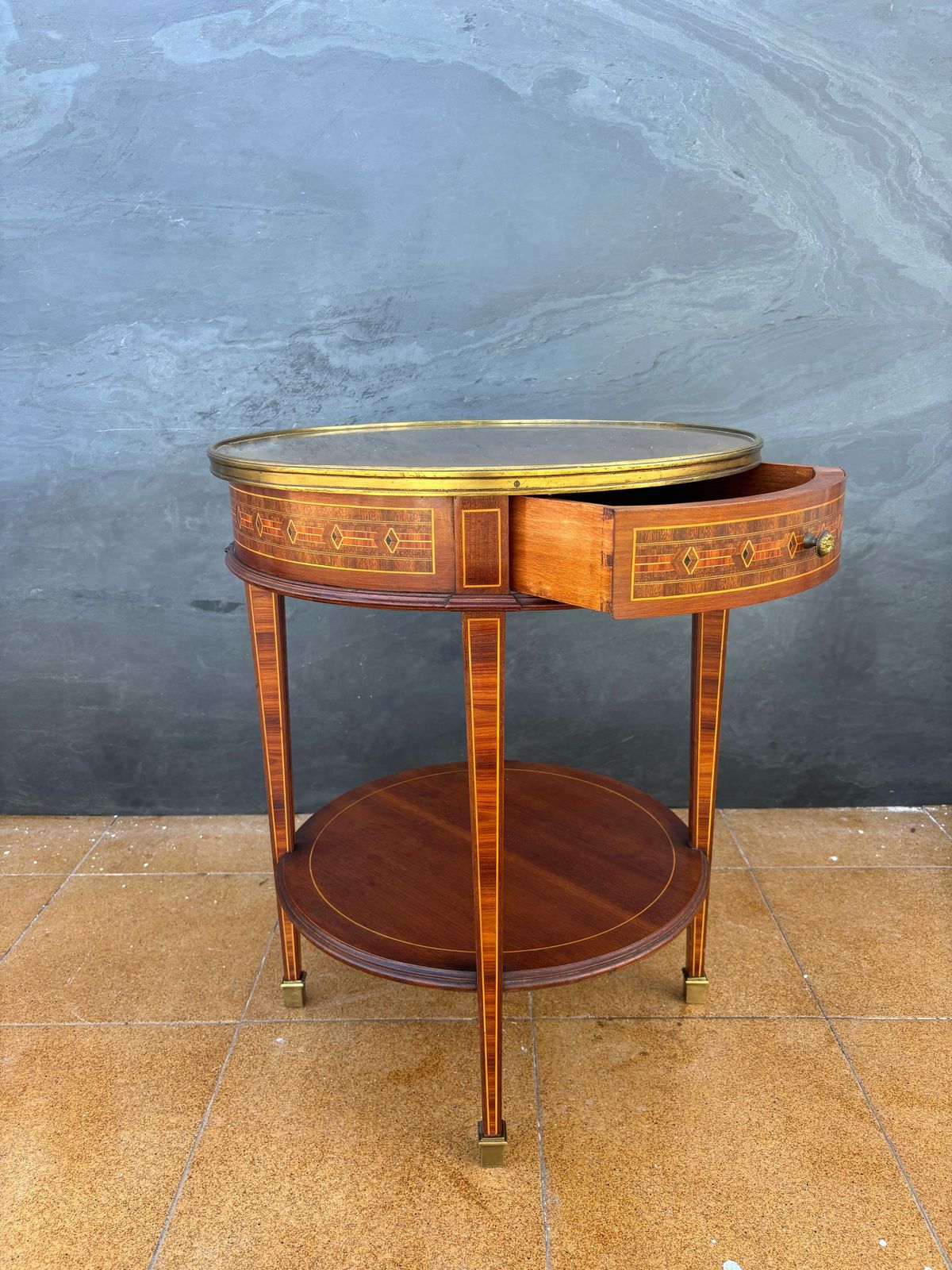 French Louis XVI Style Round Side Table With Marquetry And Drawer, 1930s photo vintage