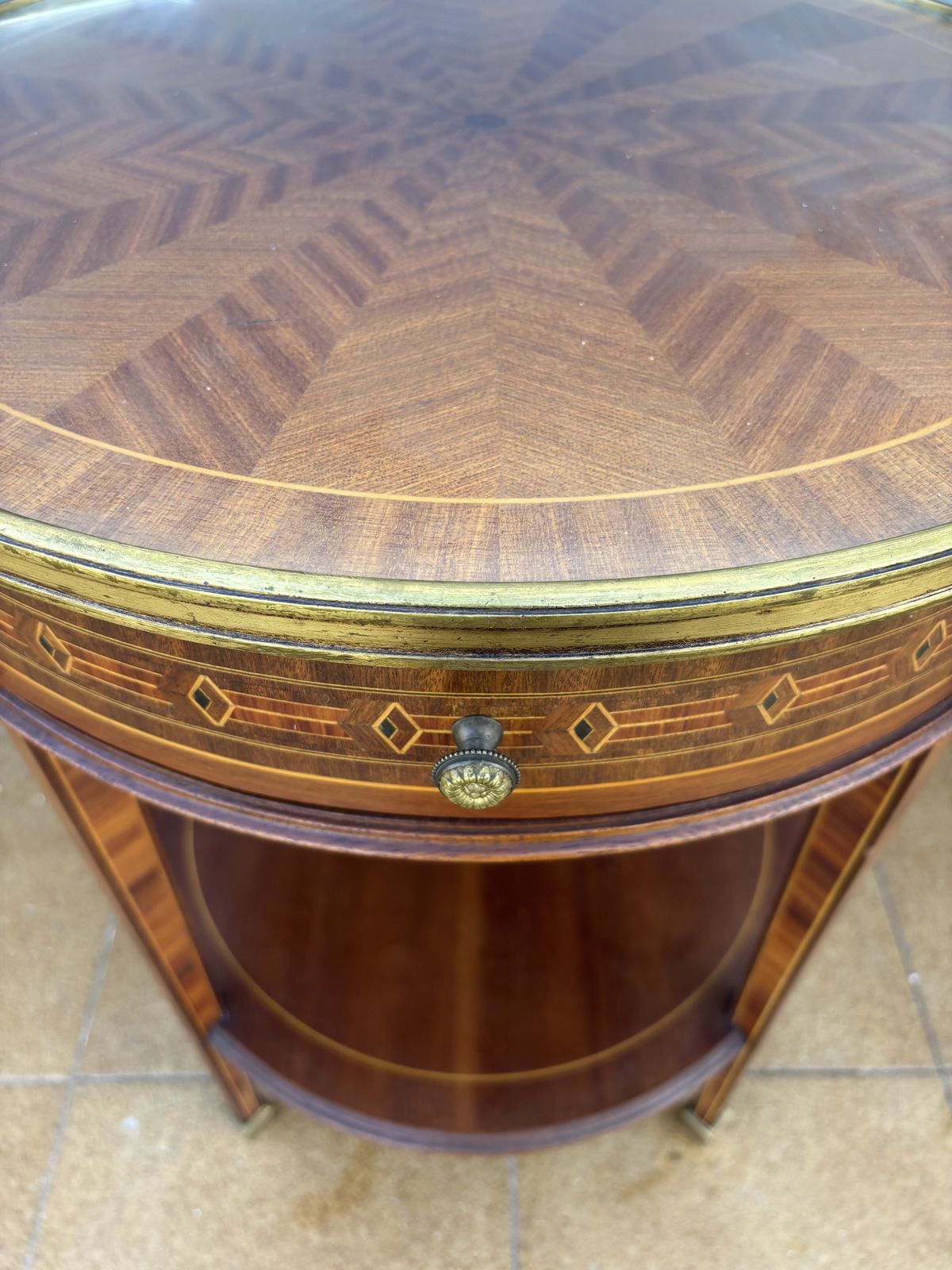 photo for sale French Louis XVI Style Round Side Table With Marquetry And Drawer, 1930s