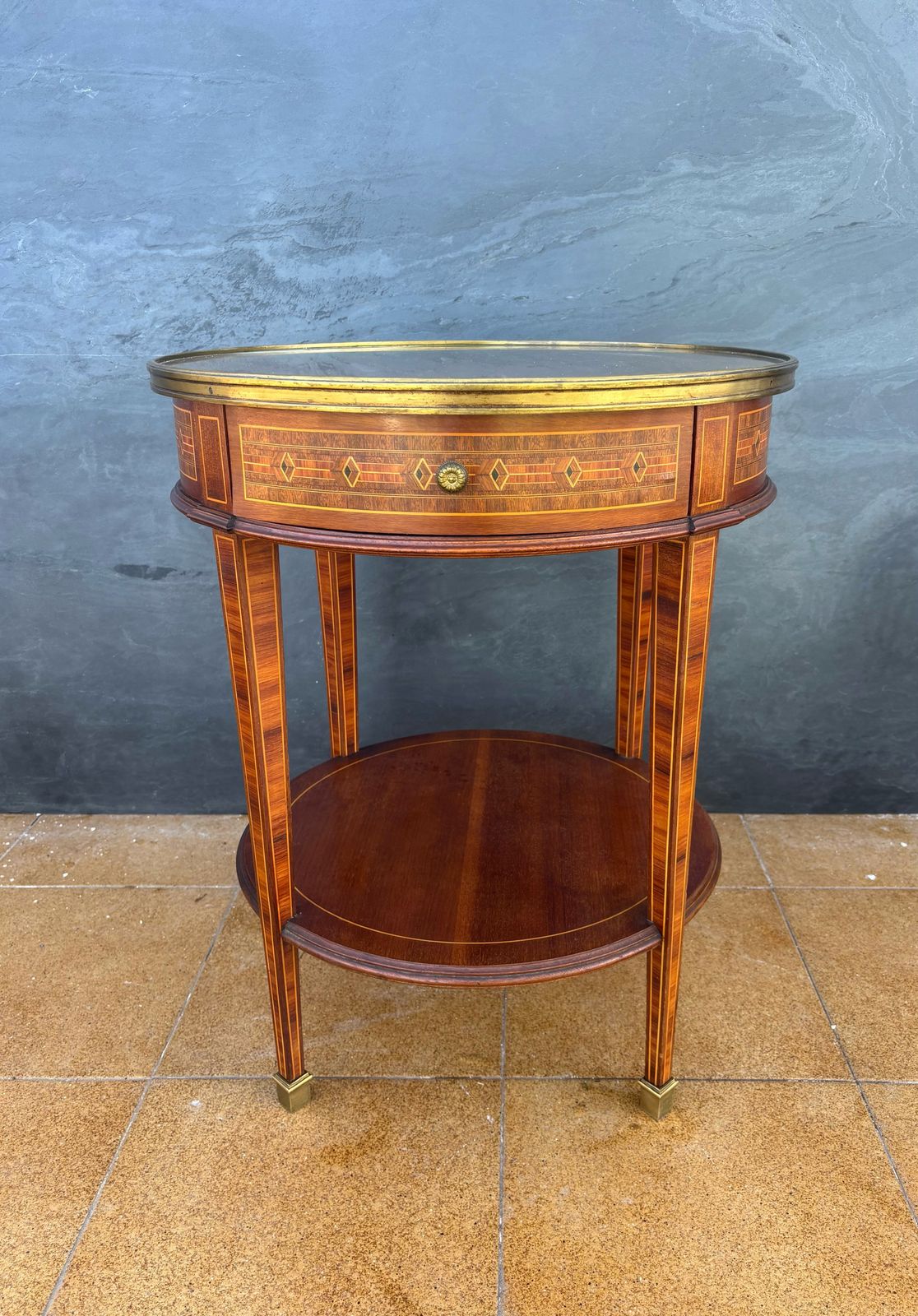 Furniture French Louis XVI Style Round Side Table With Marquetry And Drawer, 1930s photo