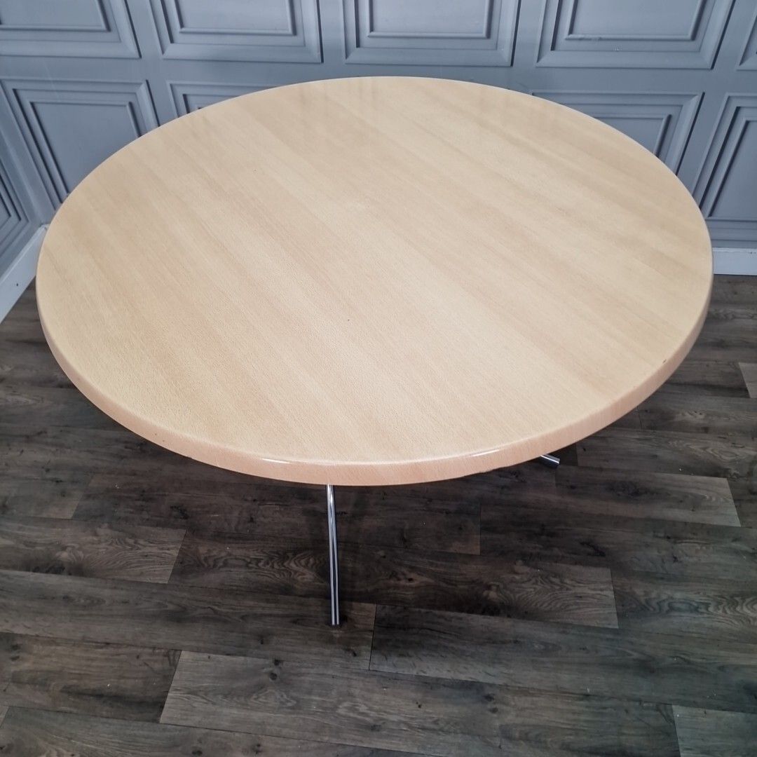 Retro Chrome Dining Table Modernist Round Frovi Wood Top Mid Century Modern photo furniture