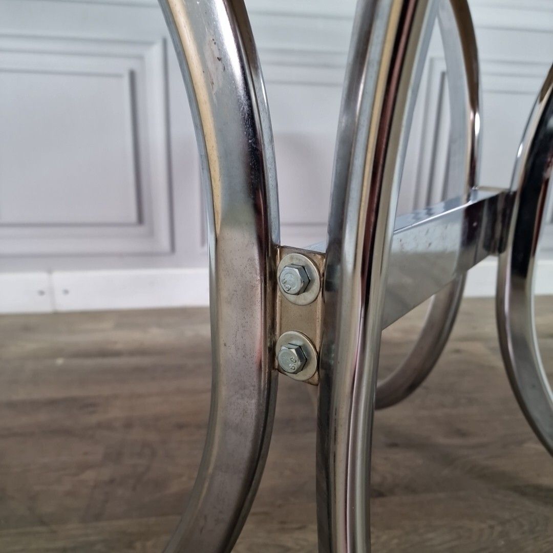 Retro Chrome Dining Table Modernist Round Frovi Wood Top Mid Century Modern photo vintage