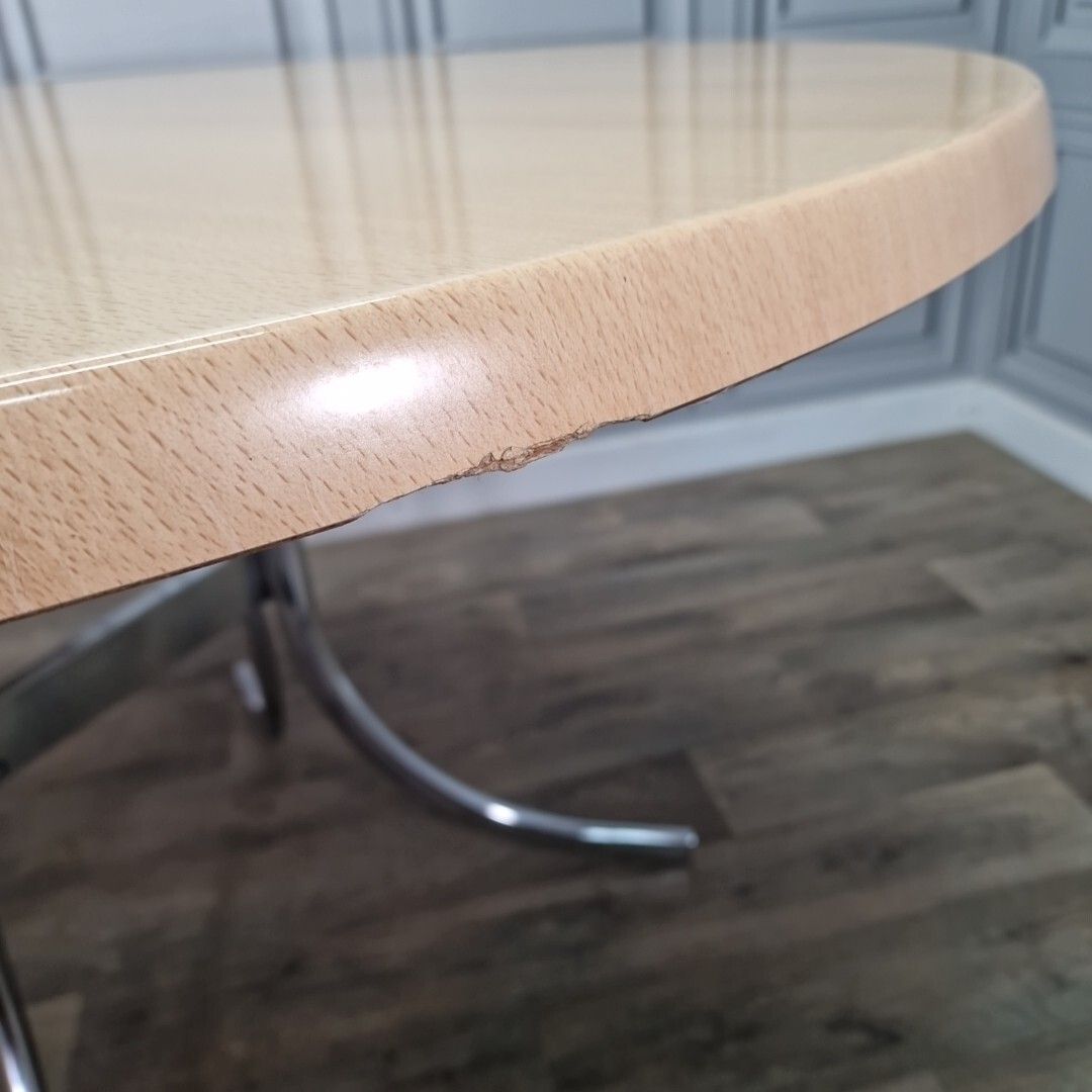 photo furniture Retro Chrome Dining Table Modernist Round Frovi Wood Top Mid Century Modern