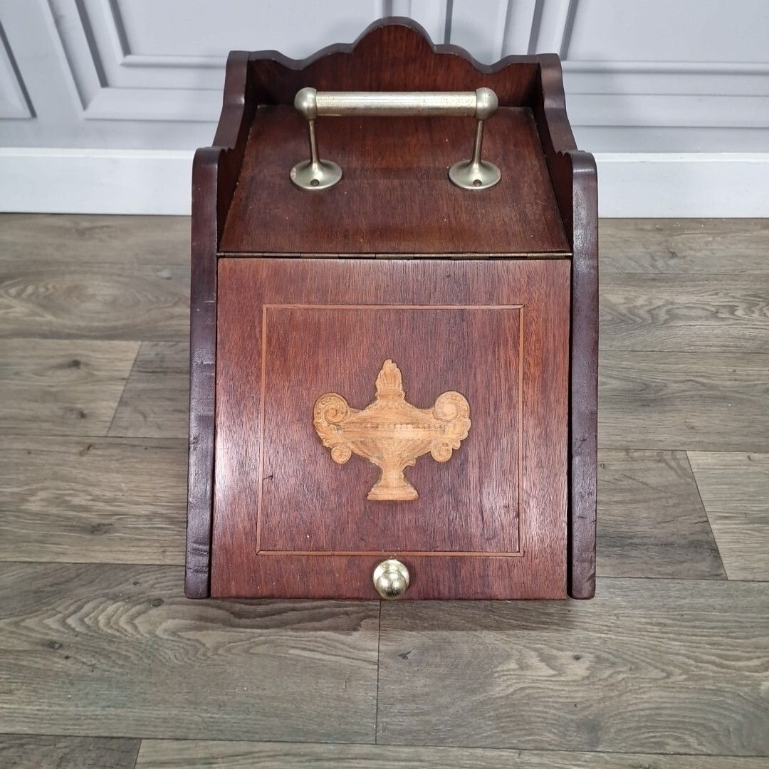 Antique Edwardian Coal Scuttle Cabinet Wooden Fireside Storage Box Wood photo for sale