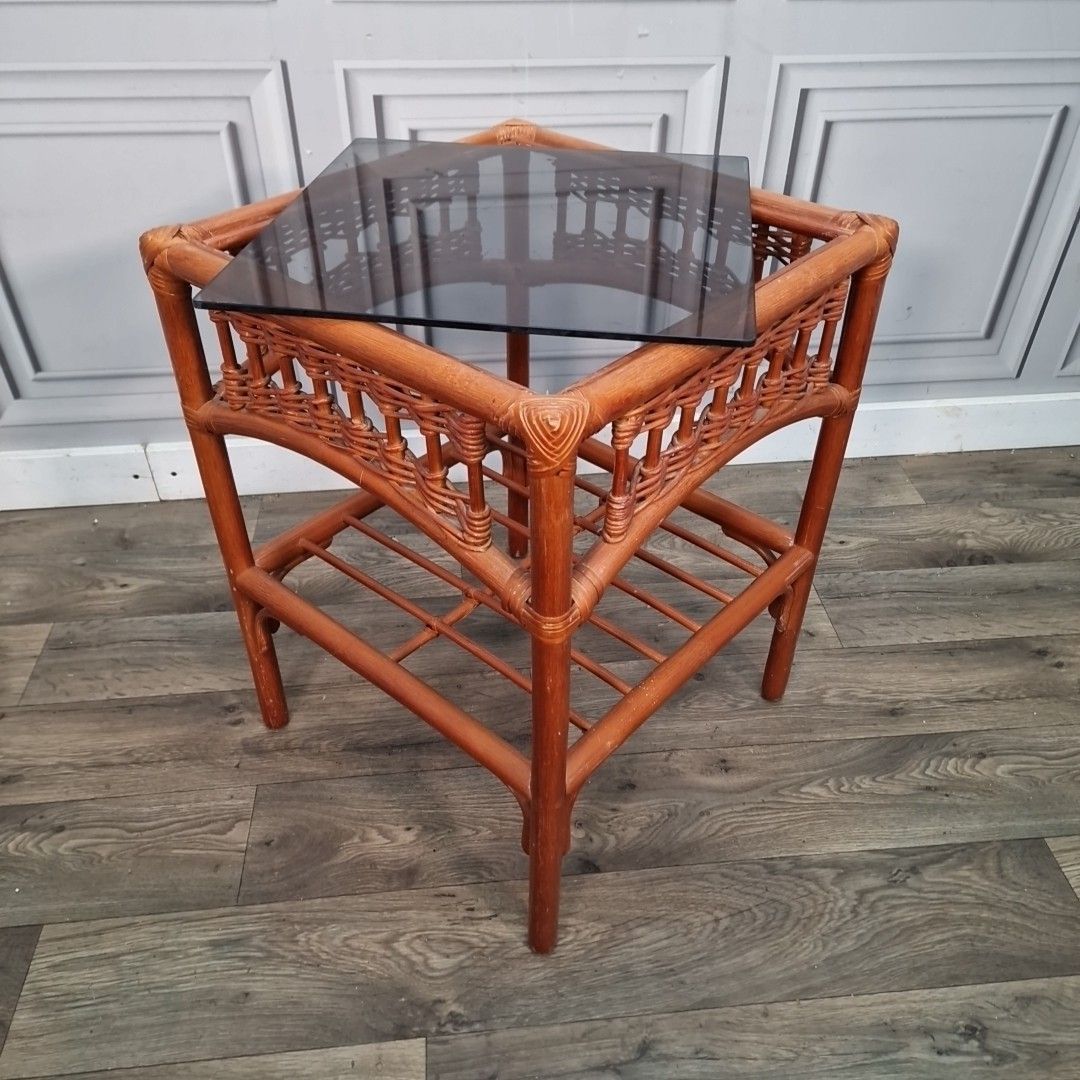 Vintage Bamboo Side Table Smoked Glass Top Coffee – Retro Boho Lamp Plant photo Furniture