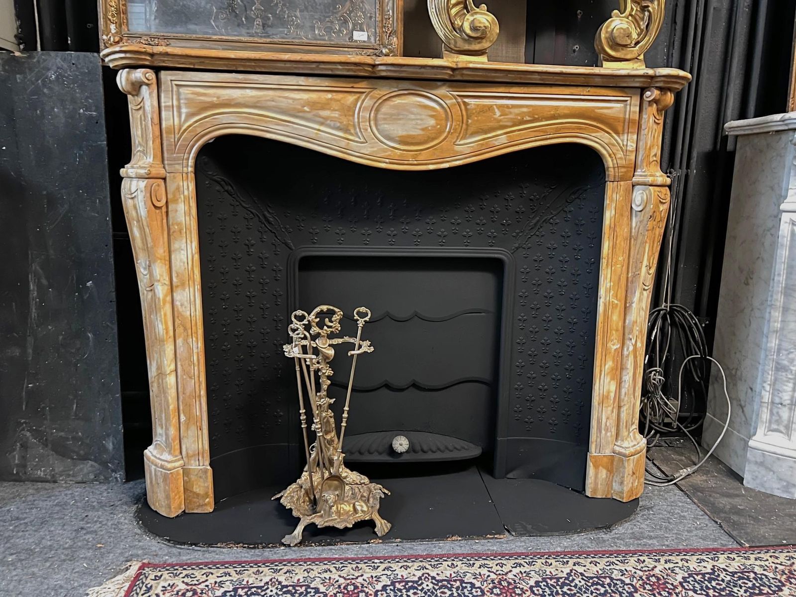 Yellow Marble Fireplace Frame Complete With Black Cast Iron Backsplash, Italy photo Home Fixtures