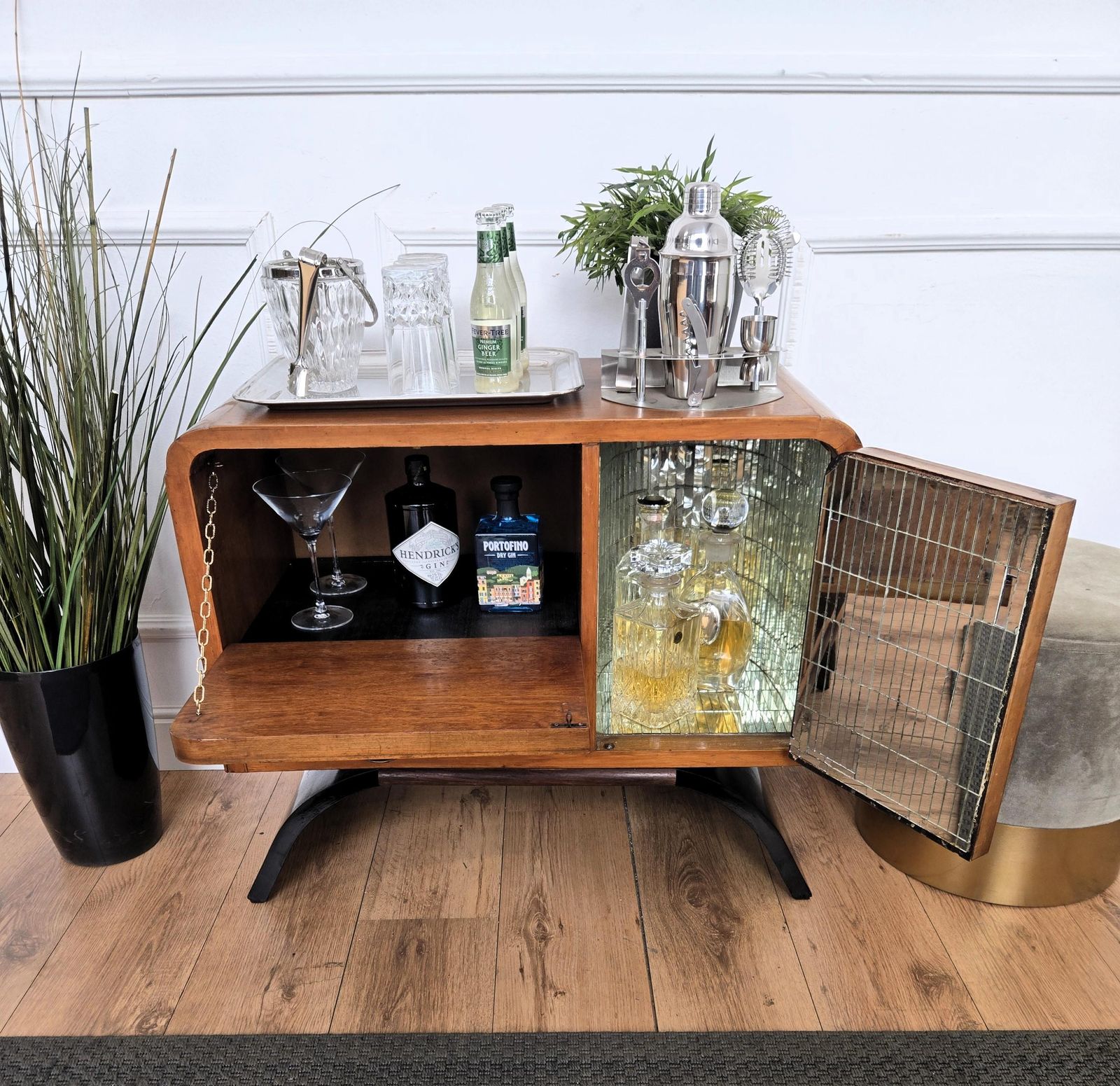 1950s Art Deco Mid Century Italian Walnut Burl And Mirror Mosaic Dry Bar Cabinet photo 2087.0