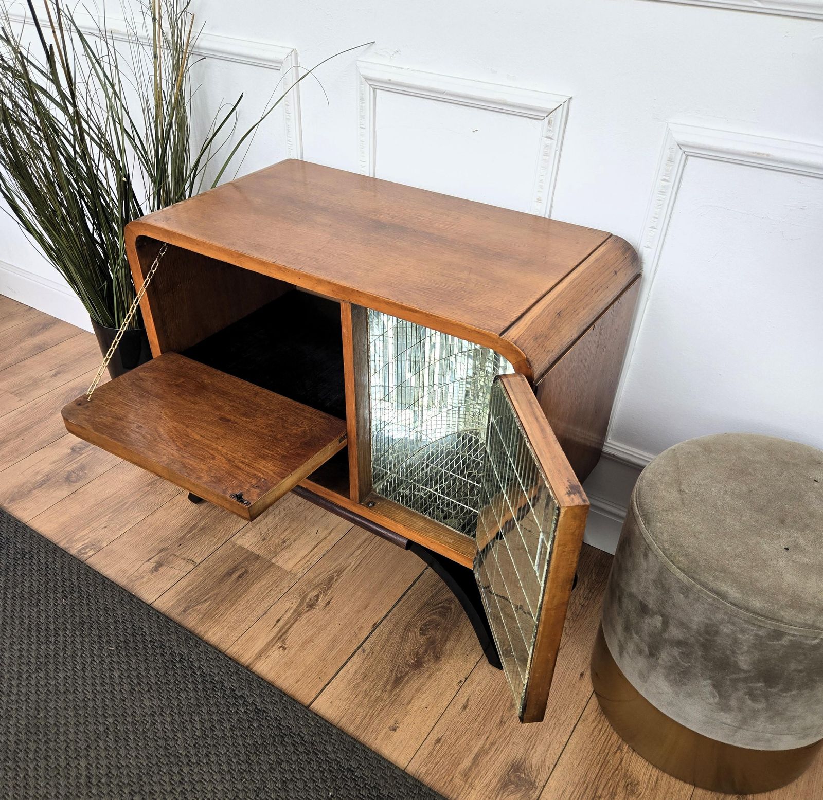 photo for sale 1950s Art Deco Mid Century Italian Walnut Burl And Mirror Mosaic Dry Bar Cabinet