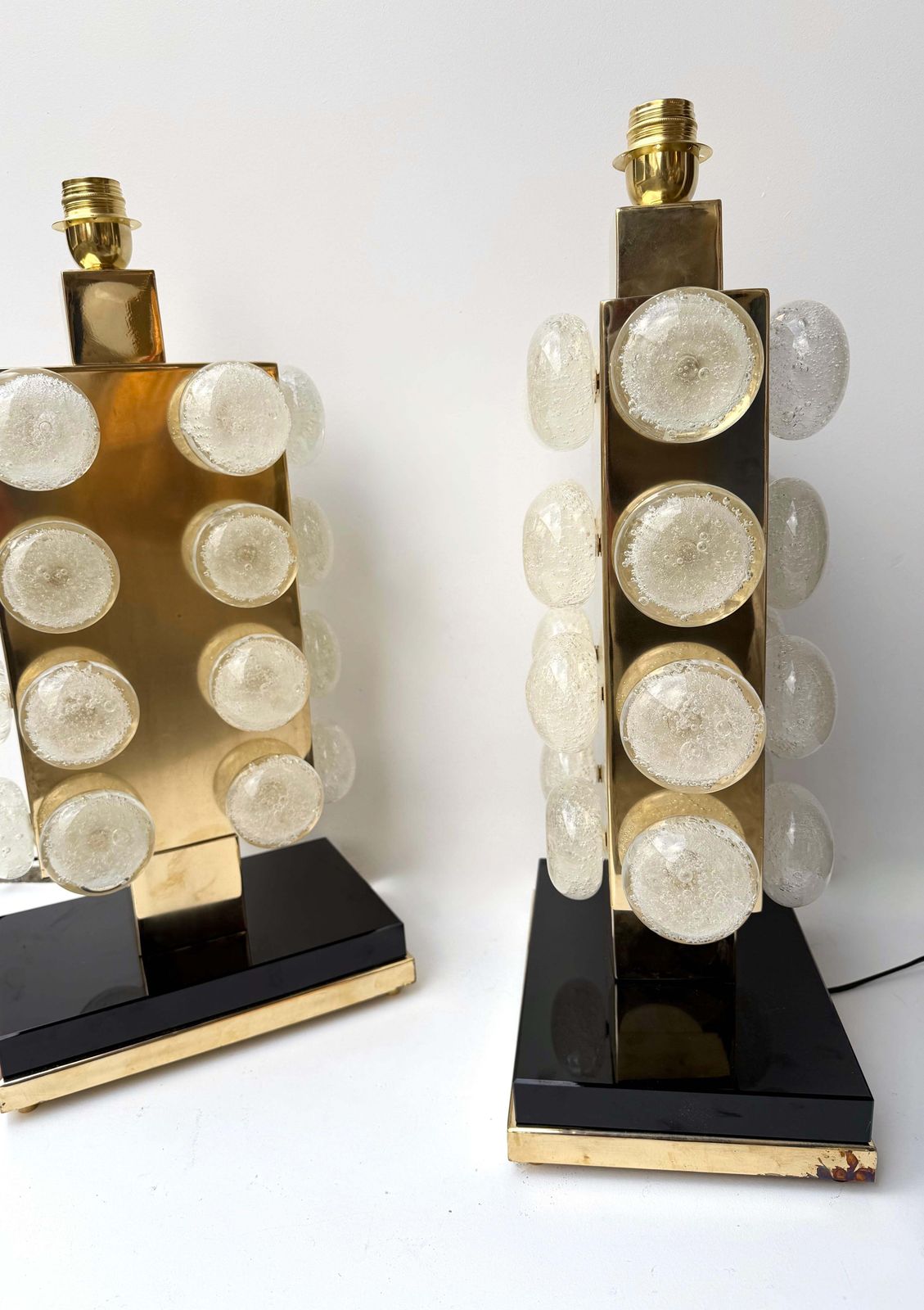 Lighting Contemporary Pair Of Brass And Murano Glass Macaroons Lamps, Italy photo