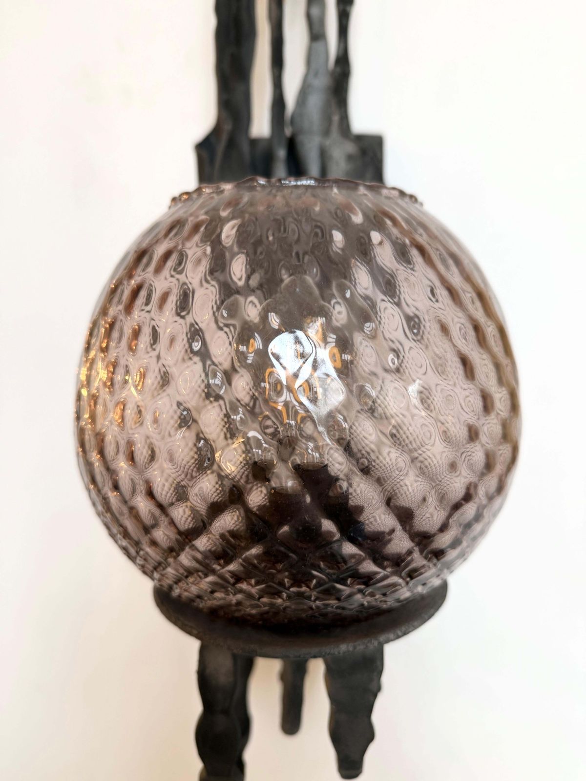 photo for sale Pair Of Wrought Iron And Glass Sconces By Pozzebon. Italy, 1970s