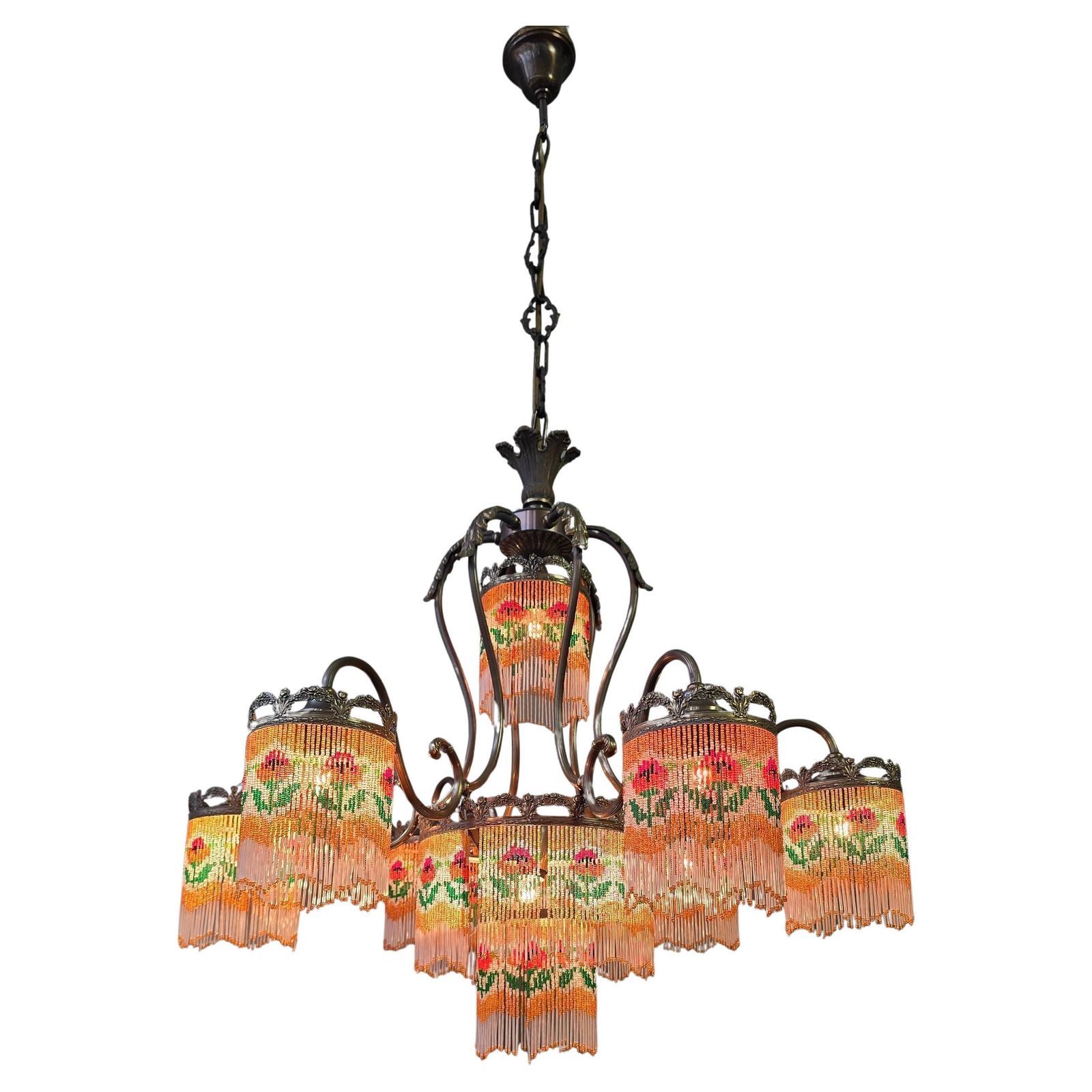 Beaded Glass Chandelier With Floral Motif photo furniture