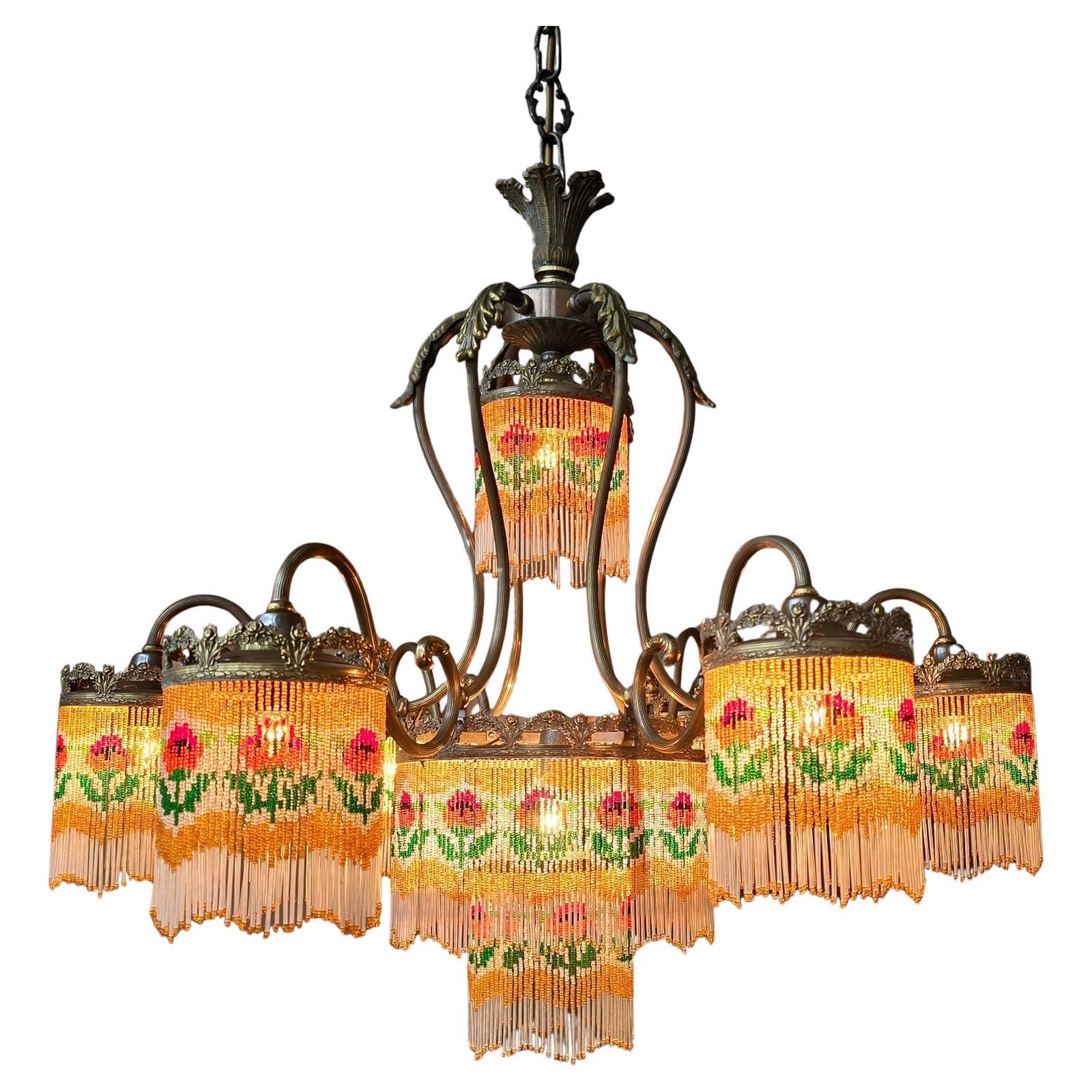 Beaded Glass Chandelier With Floral Motif photo Lighting