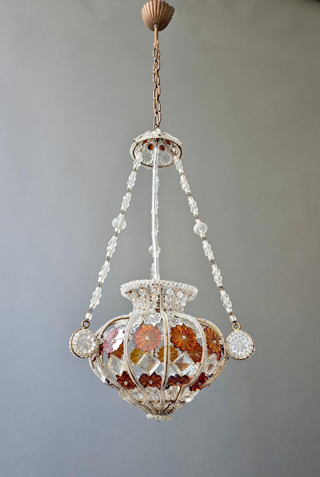 Antique Beaded Glass Chandelier With Amber Floral Elements, Europe, Circa 1920s photo vintage