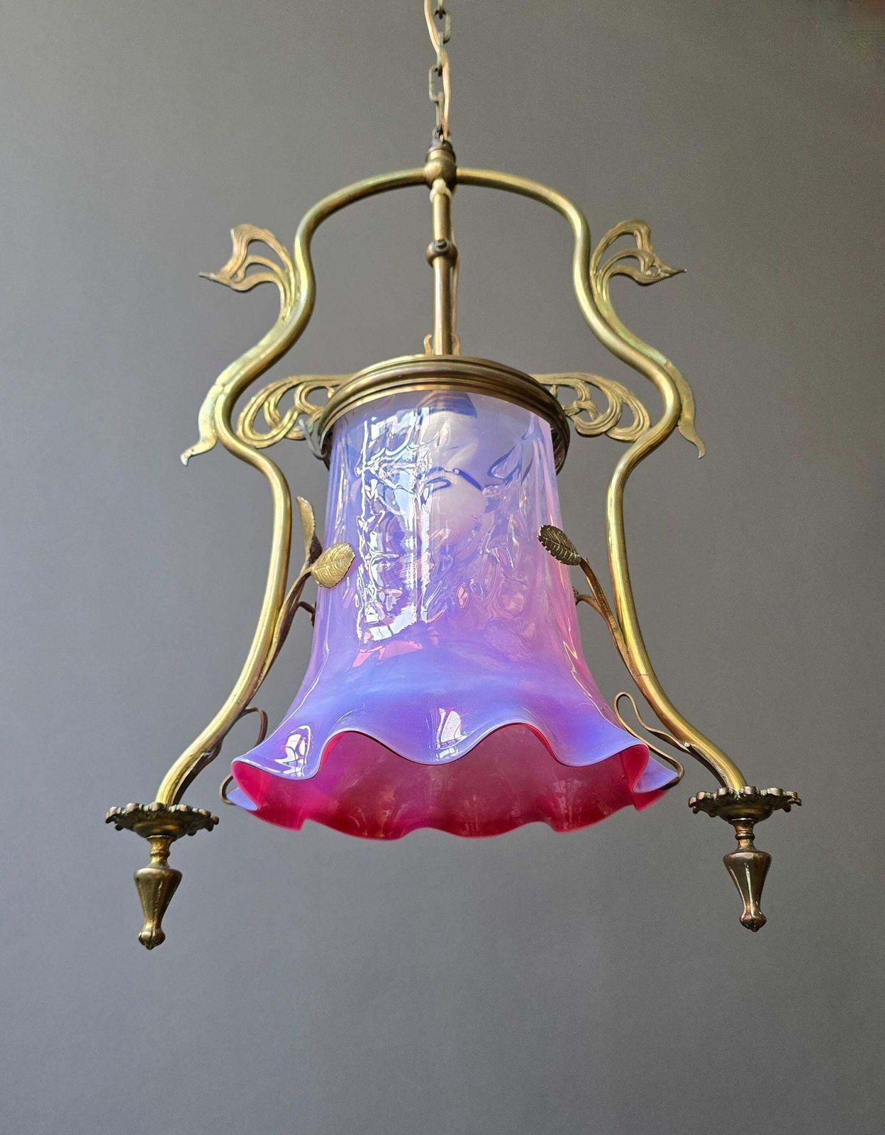 French Art Nouveau Brass Hanging Lantern With Opalescent Glass, Circa 1900 photo buy