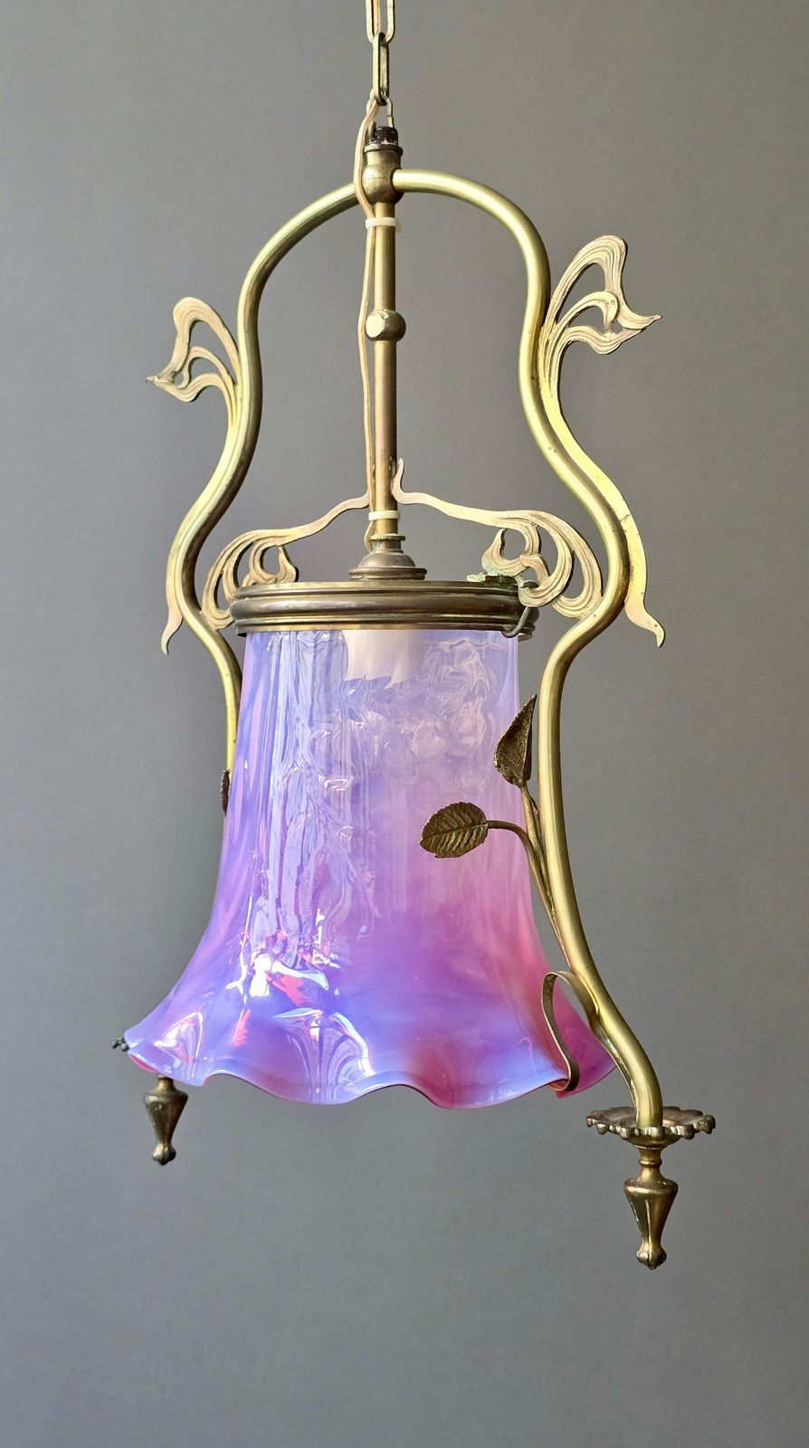 photo vinterior French Art Nouveau Brass Hanging Lantern With Opalescent Glass, Circa 1900