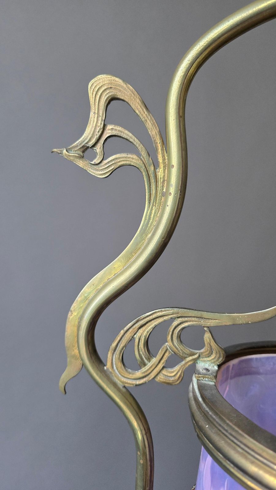 photo buy French Art Nouveau Brass Hanging Lantern With Opalescent Glass, Circa 1900