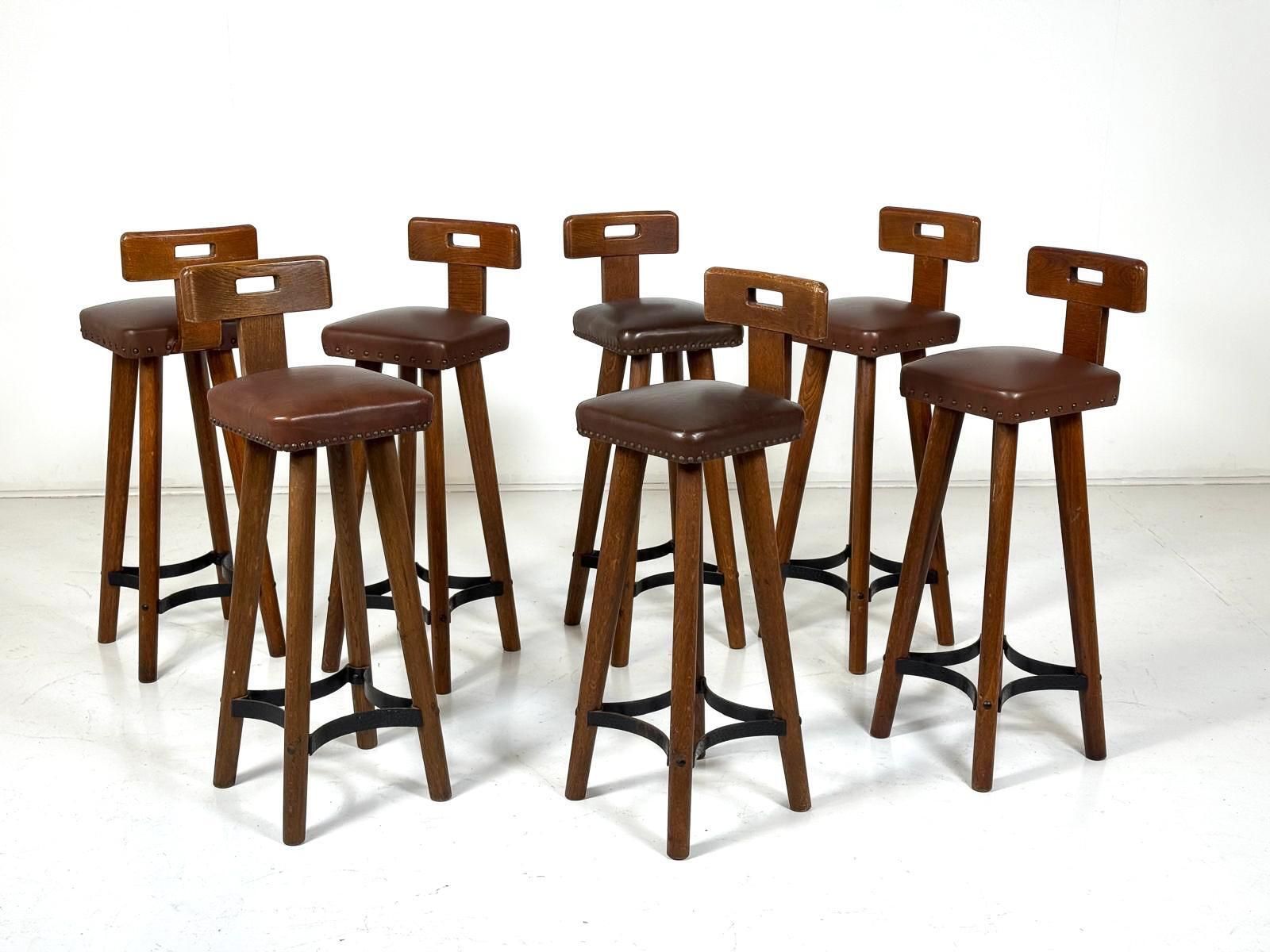 Brutalist Bar Stool, Wood And Leather, 1970s   7 Available photo 555.0