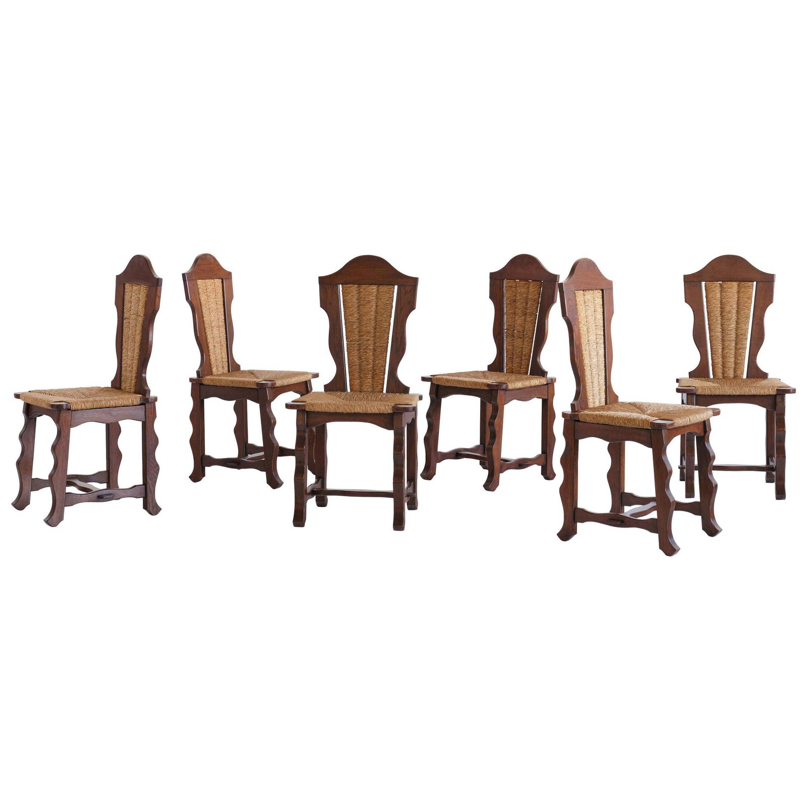 Set Of Six Victor Courtray Attributed Dining Chairs In Oak And Rush, 1950s