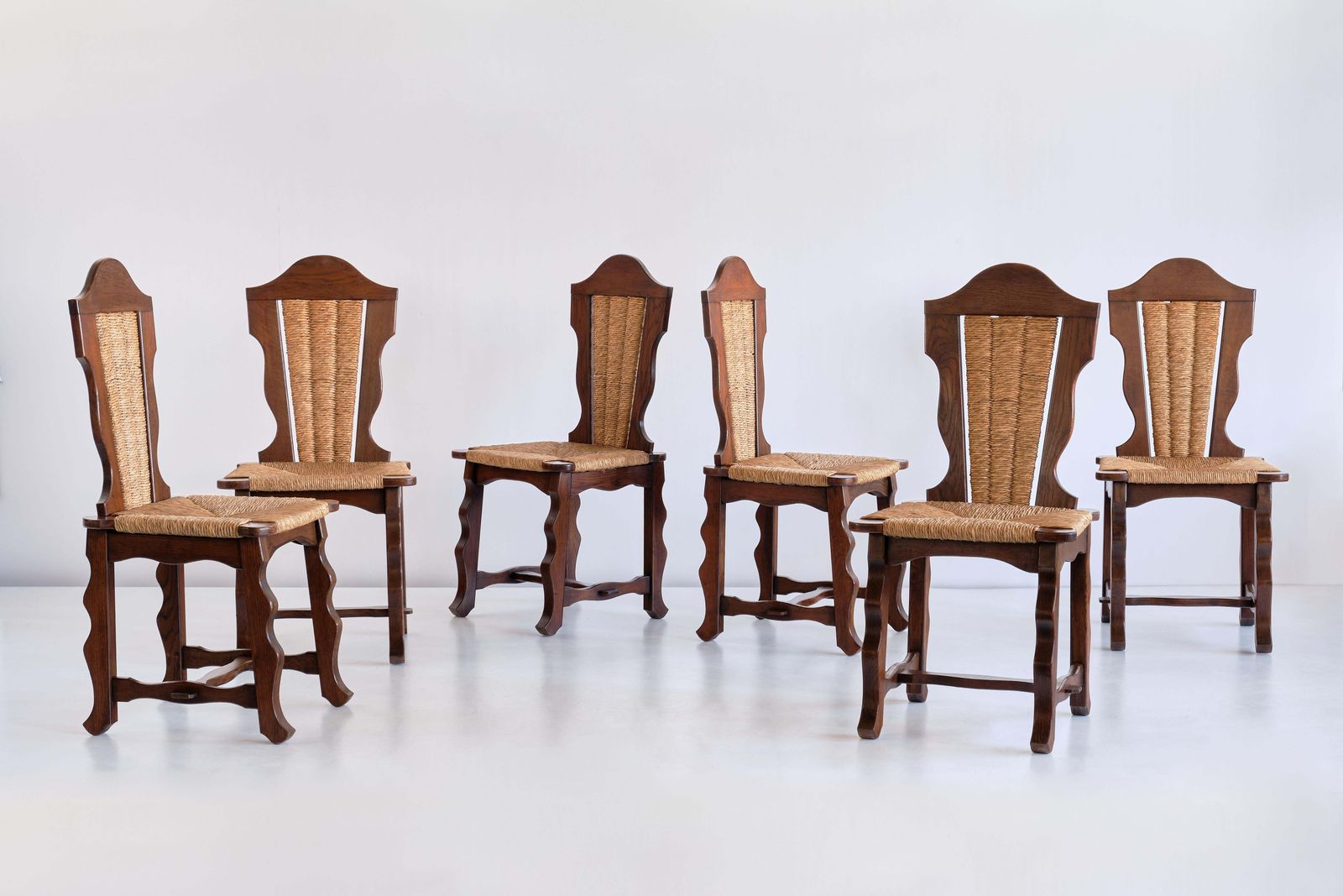 Set Of Six Victor Courtray Attributed Dining Chairs In Oak And Rush, 1950s photo furniture