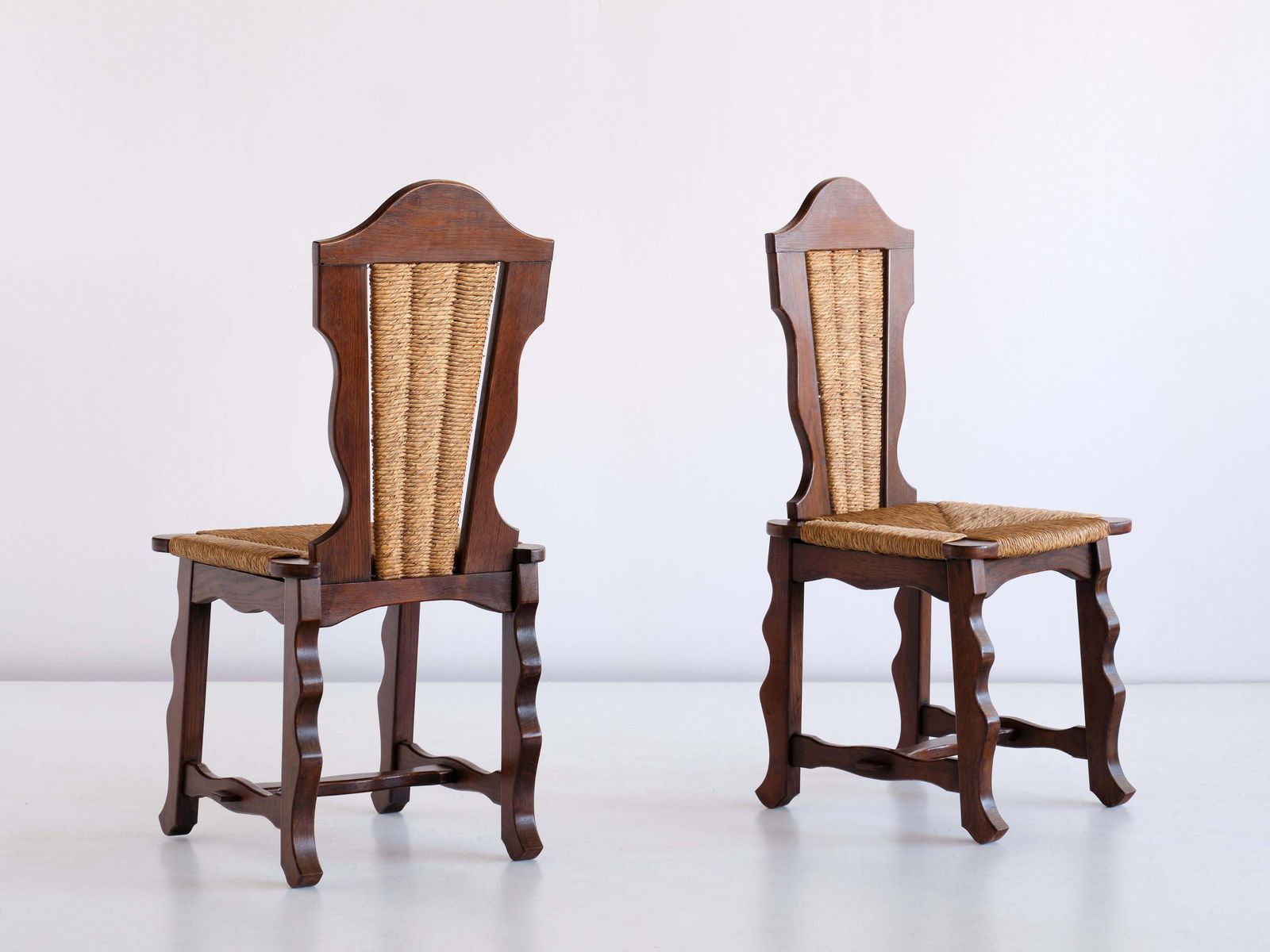 Set Of Six Victor Courtray Attributed Dining Chairs In Oak And Rush, 1950s photo for sale