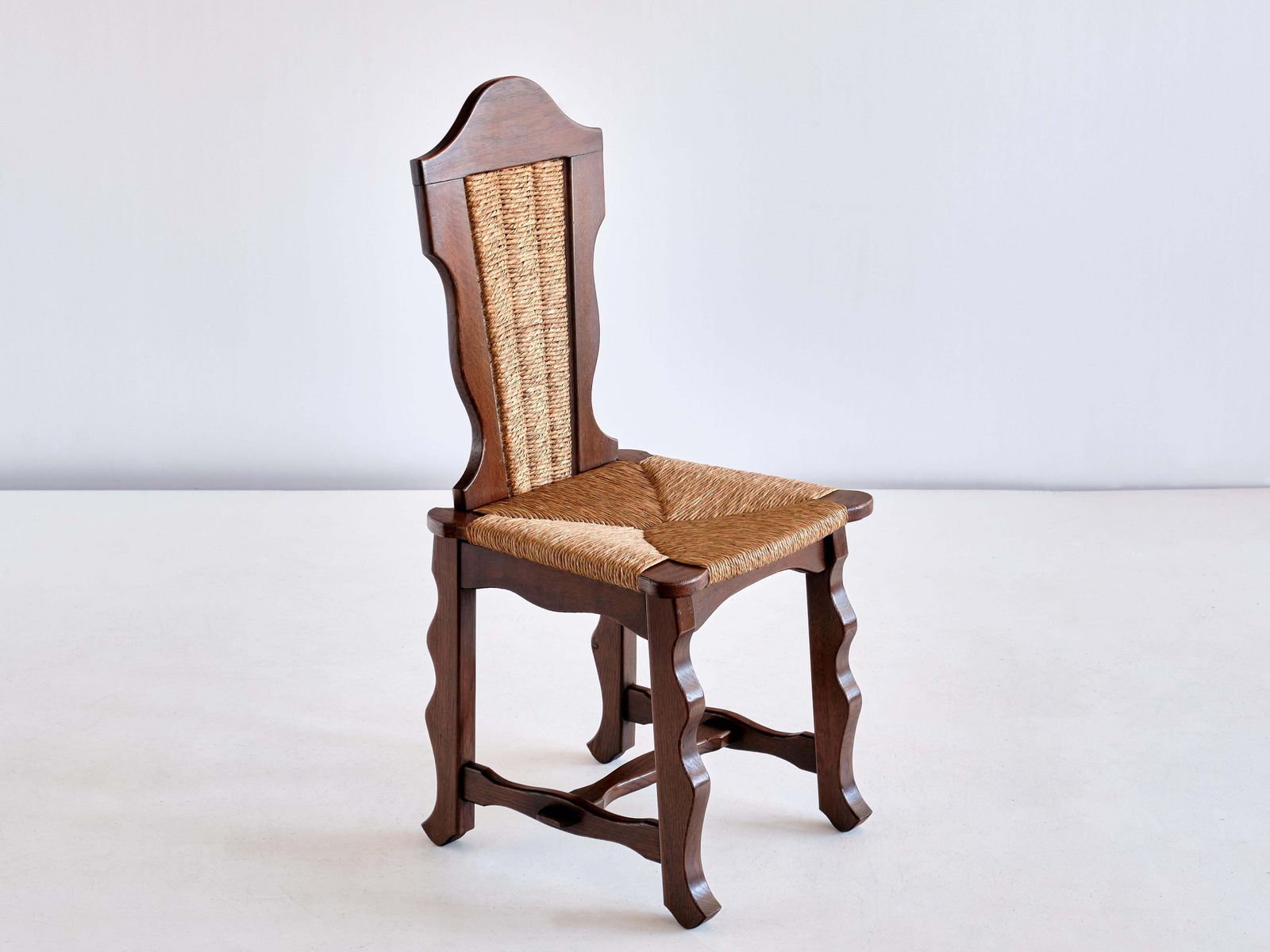 Set Of Six Victor Courtray Attributed Dining Chairs In Oak And Rush, 1950s photo buy
